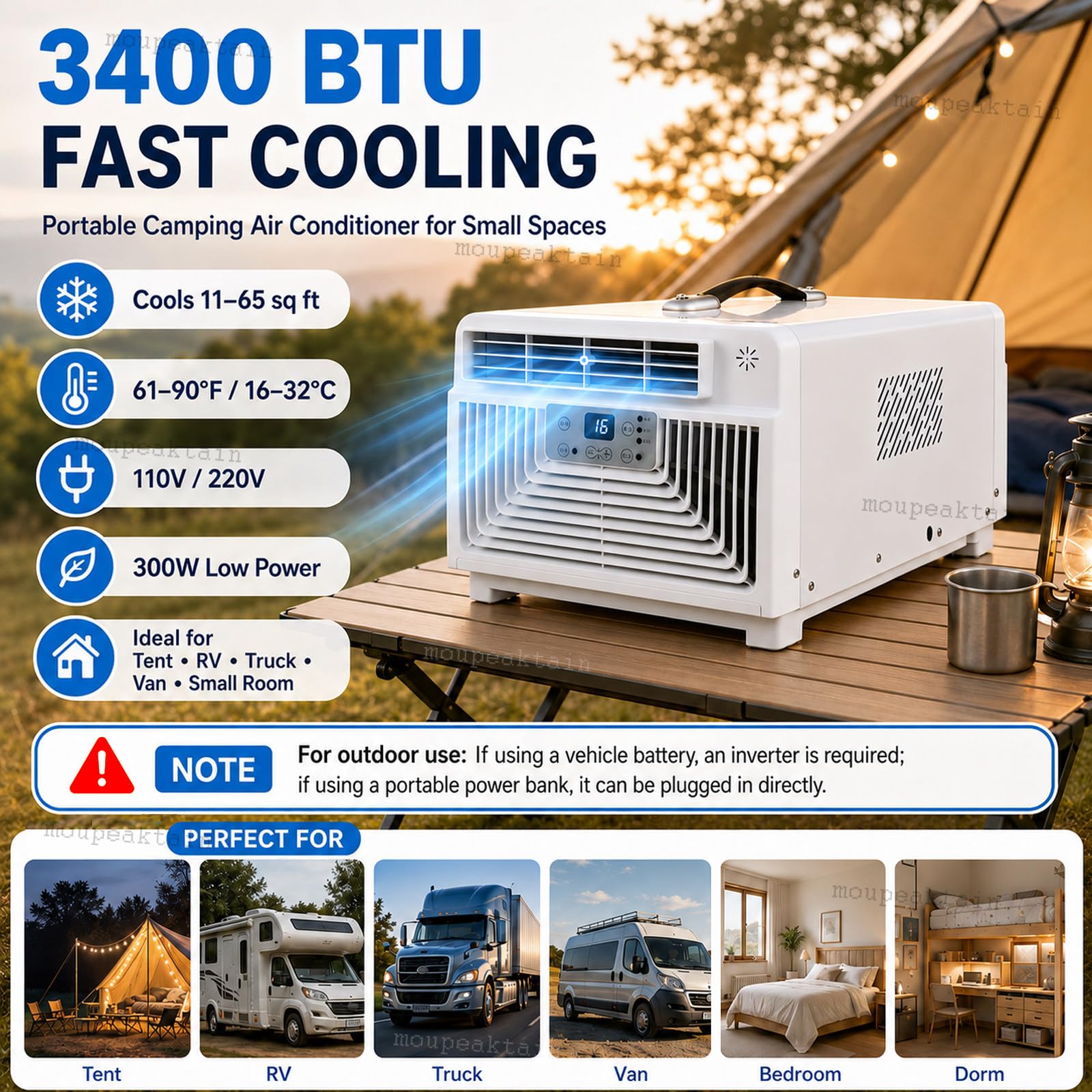 Aire Acondicionado 220V 3400 BTU, Climatizador Portátil 3 En 1 con Frío, Deshumidificador Y Ventilador Mando a Distancia, Temporizador 12h, para Autocaravana, Camión Y Habitación Pequeña