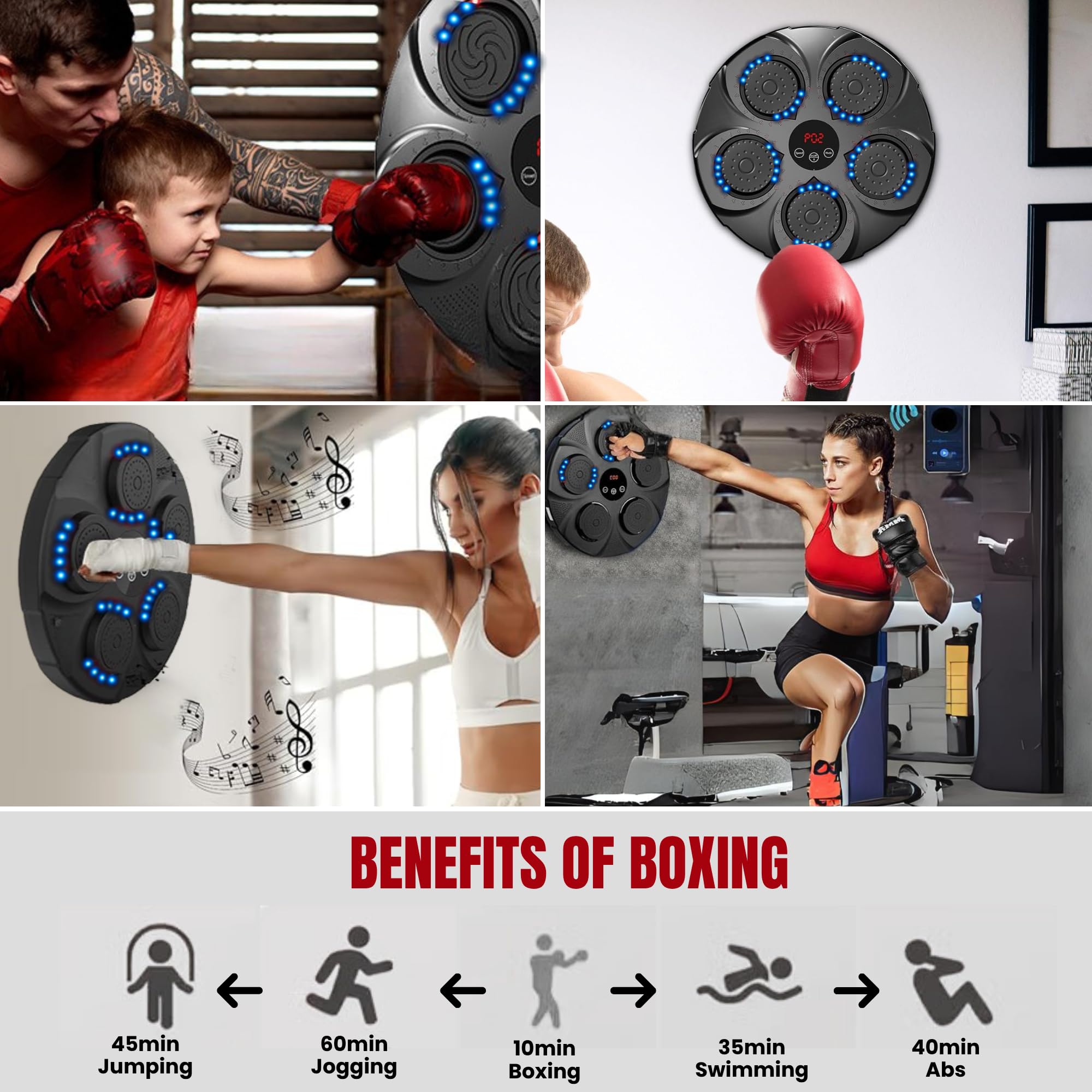 MAGIC SELECT Máquina de Boxeo Musical Equipo de Entrenamiento para Pared con LED, Guantes de Boxeo, Bluetooth y Luces al Ritmo de la Música. Maquina de Boxeo para Niños/Adultos. (9 Modos, 43x43 cm)