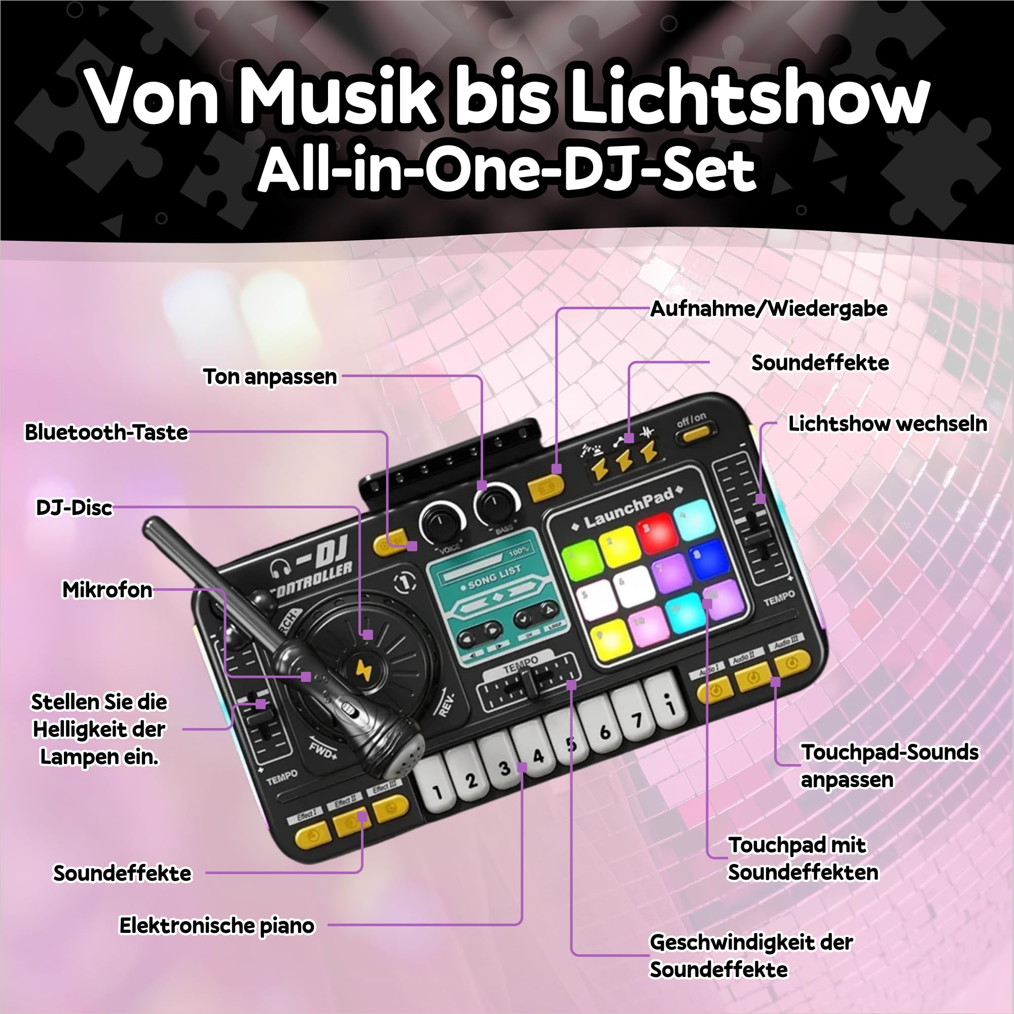 DJ Set für Kinder mit Mischpult & Mikrofon, DJ Pult für Anfänger mit Lichtshow, Bluetooth Verbindung & Touchpads, Wiederaufladbares DJ Mischpult Kinder Spielzeug für Musik & Kreatives Spielen