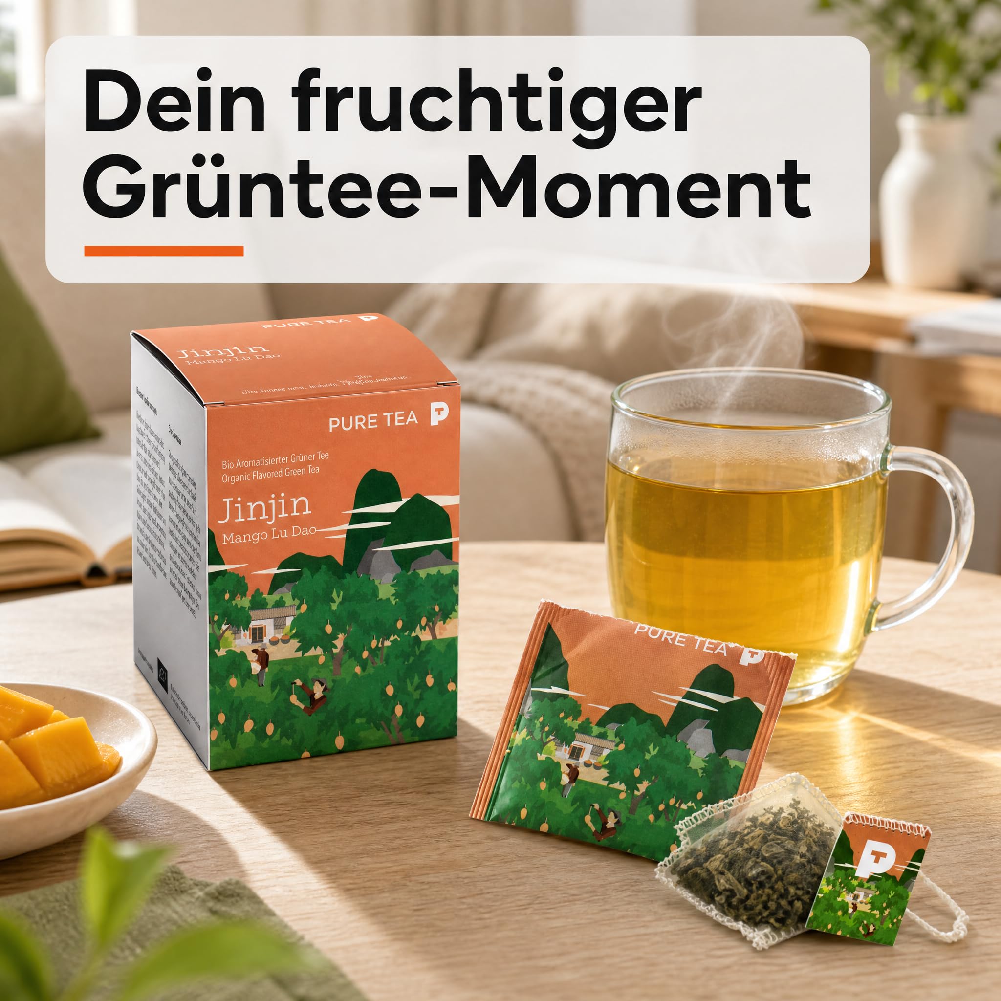 6 x PURE TEA Jinjin Grüner Tee Mango Lu Dao, aromatisierter Premium Grüntee in flachen Kissenbeuteln, je 15 x 3 g, einzeln verpackt, Dispenserbox 12 x 9 x 9 cm, glutenfrei