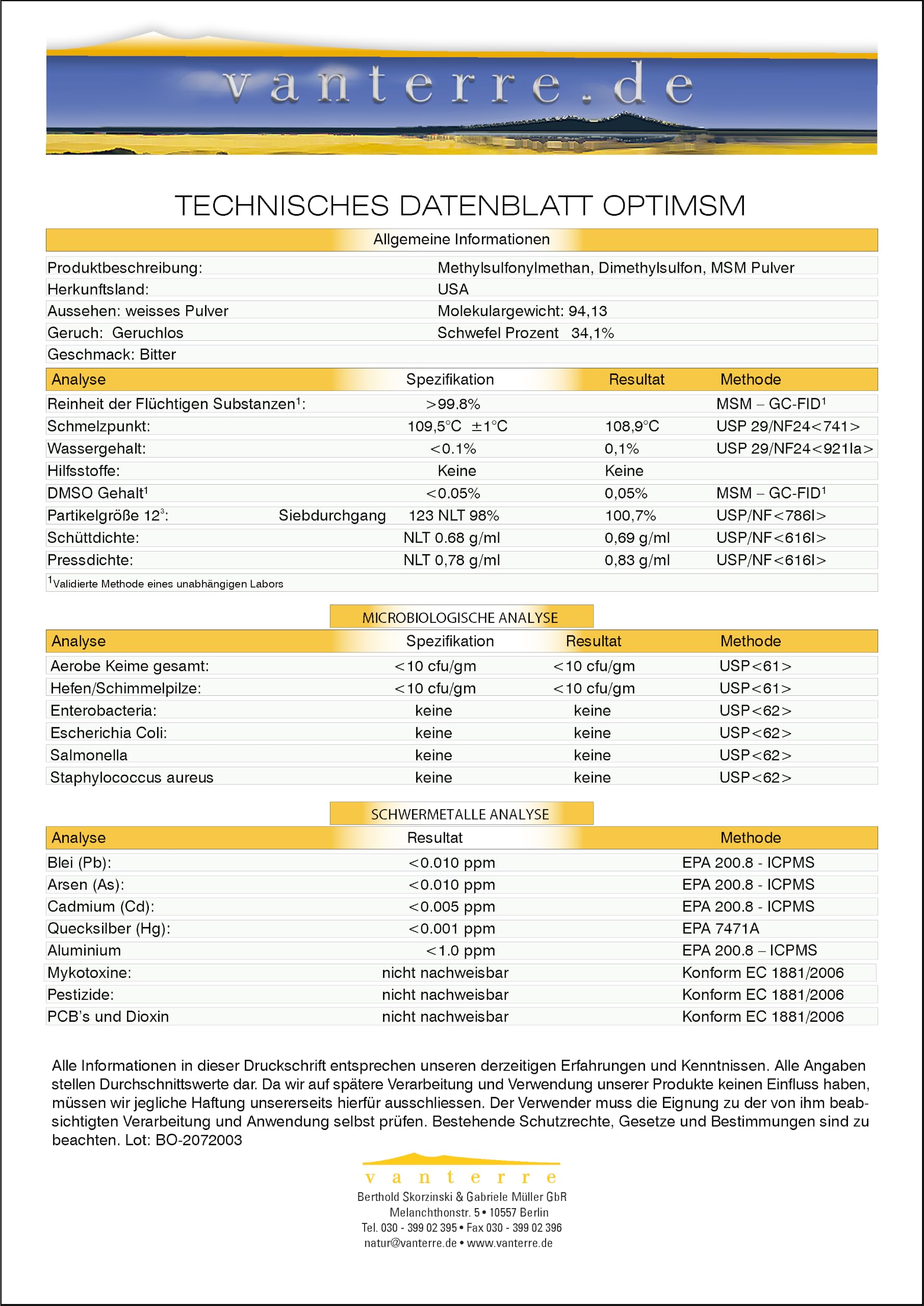 v a n t e r r e - Balchem OptiMSM™* Das reinste, sicherste und qualitativ beständigste MSM der Welt - 1000g Pure OptiMSM®