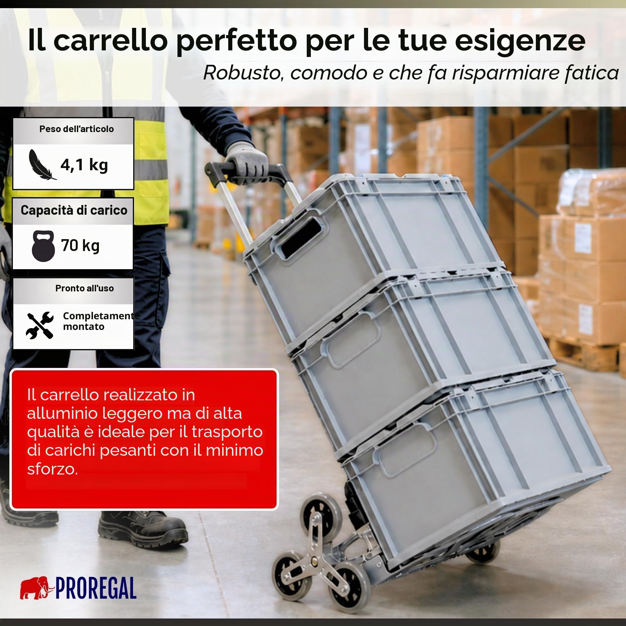 PROREGAL Carrello saliscale pieghevole ELEPHANT | AxLxP 110x45x48cm | Portata 70kg | Cornice in alluminio, maniglie ergonomiche, Ruote in gomma dura TPR | Silber