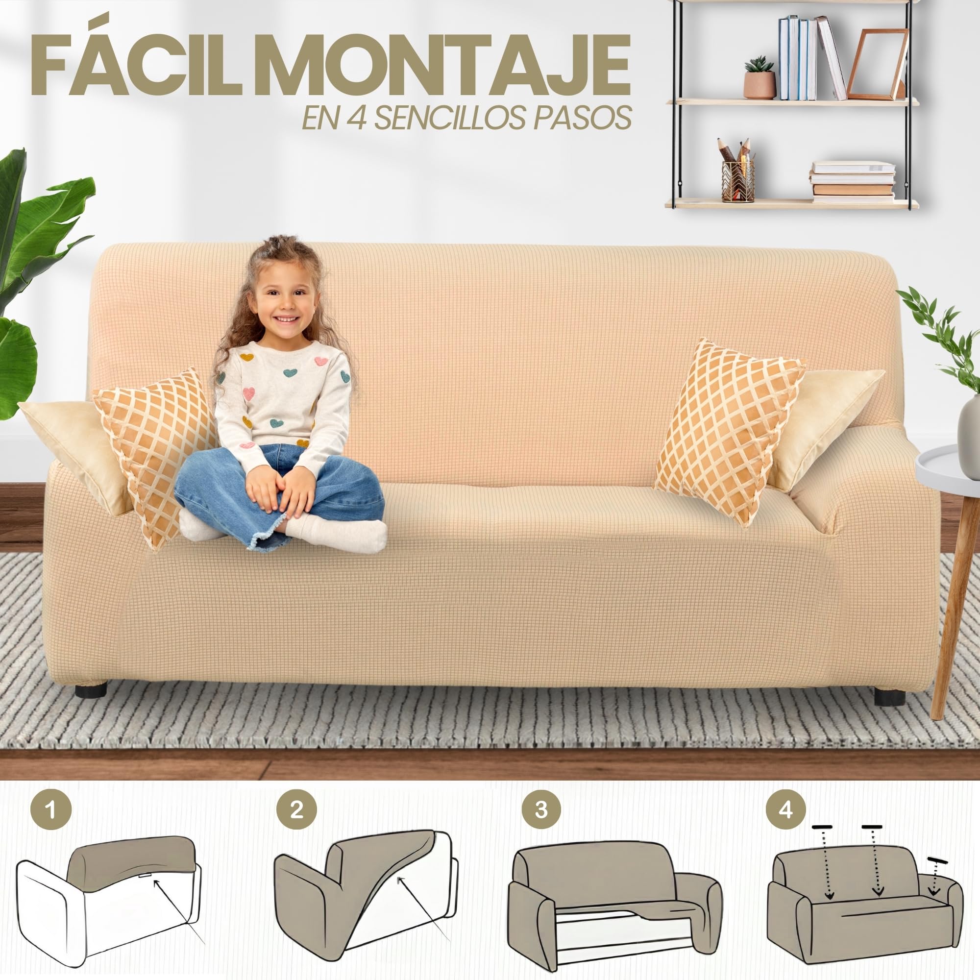 LAN&LAN - Funda Sofa, 4 plazas, Funda Sofá Elástico y Ajustable, Funda de Sofa Cómoda y Lavable, Cubre Sofá Que Previene Manchas de Niños y Pelos de Mascotas (Marfil)