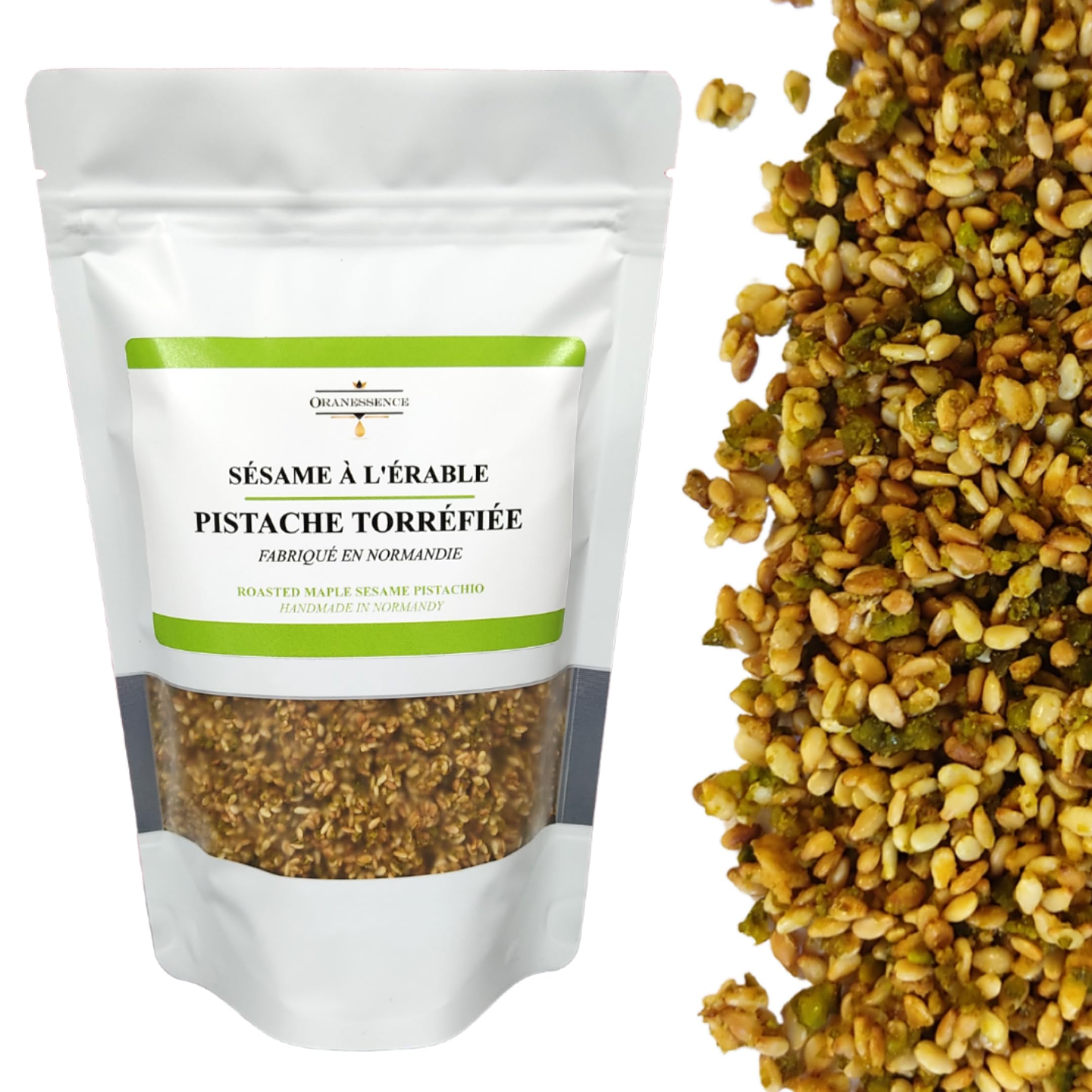 Sésame à l'érable (200g) - Pistache - Topping Dessert - UNIQUE - Fabriqué à la main en Normandie - Assemblage d'Exception - Sans additif, Sans Colorant, Sans Conservateur, non irradié