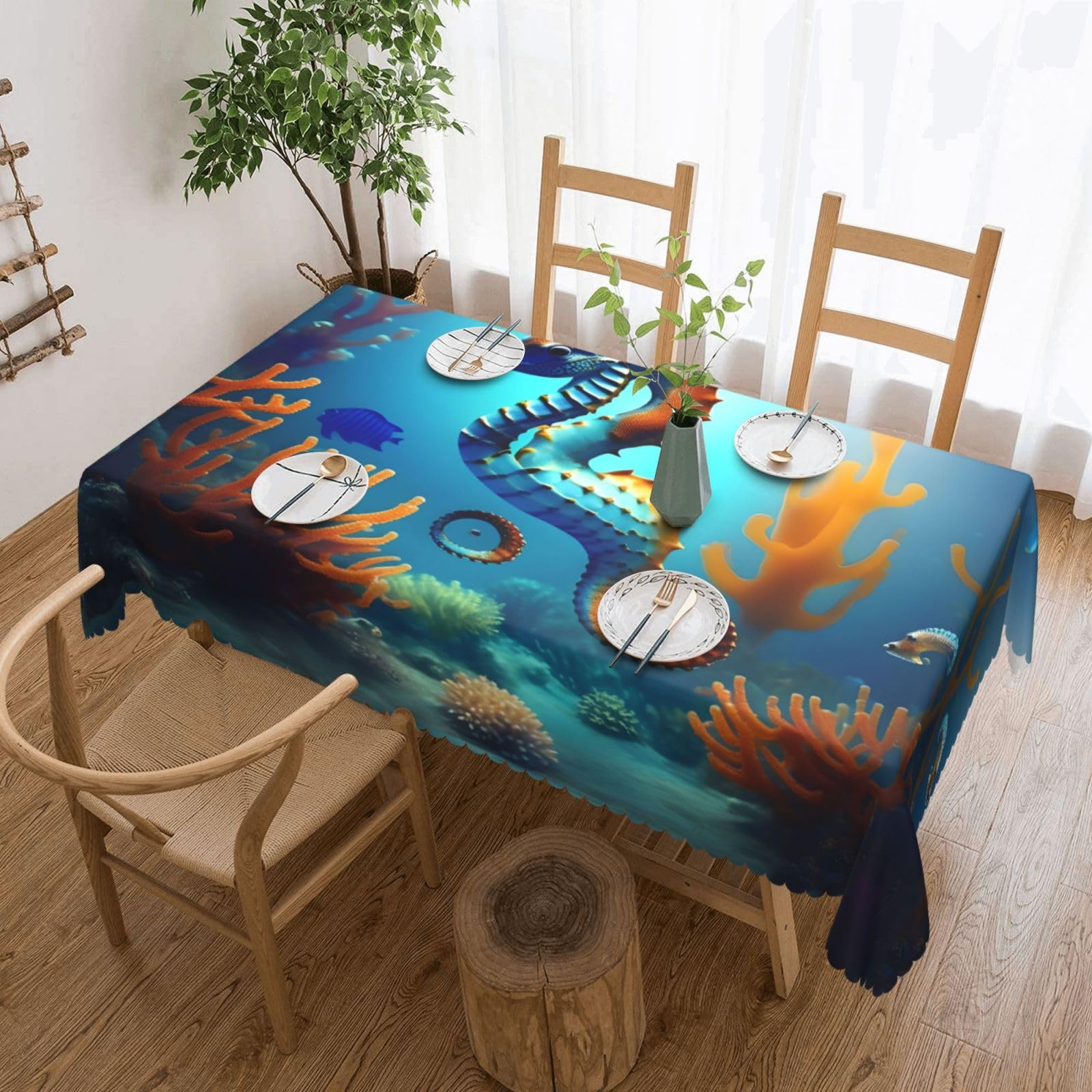 CNTDBU Seabed coral seahorse Scalloped Edge Tablecloth 54x72-Waterproof Stain Resistant Wrinkle Free Cover, Square Table Cloth for Dining Party