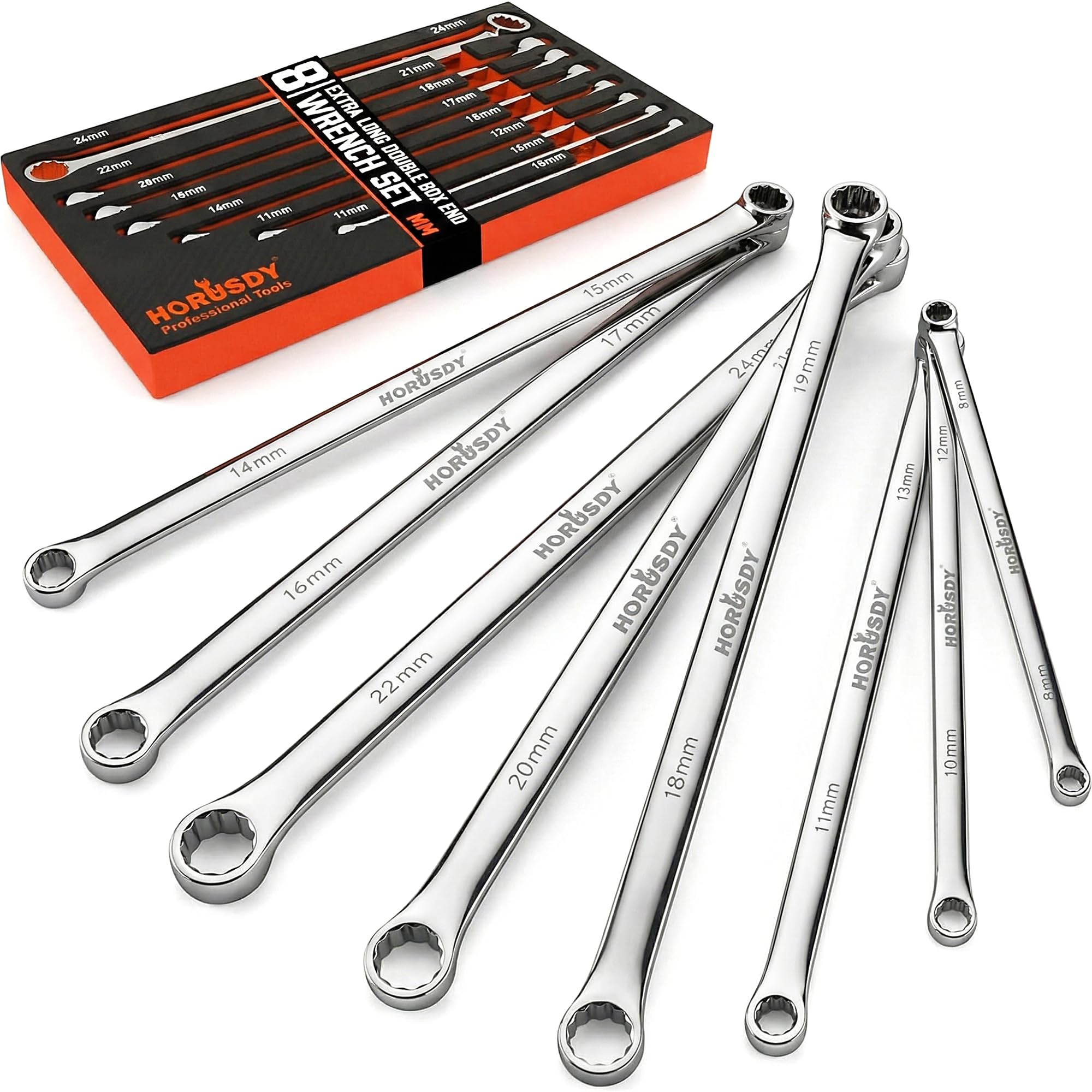 HORUSDY 8-Piece Extra Long Double Box-End Wrench Set, 12-Point