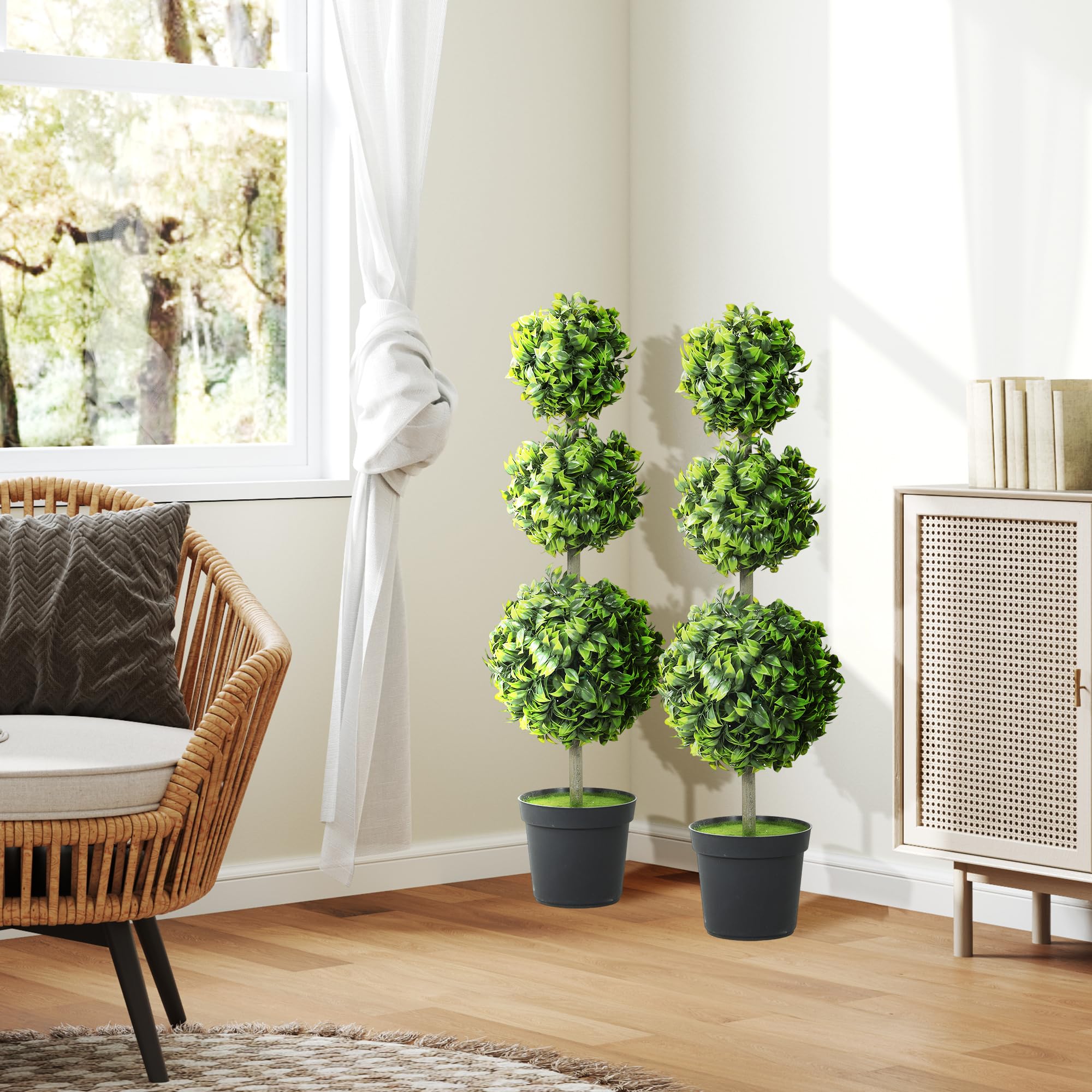 HOMCOM Künstlicher Buchsbaum Groß 100cm Kunstpflanze im Topf 2er Set | Künstliche Pflanzen im Topf, Kunstbaum, UV-Schutz, Wie Echt, für Wohnzimmer Büro Garten, Moderne Dekoration, Geschenk