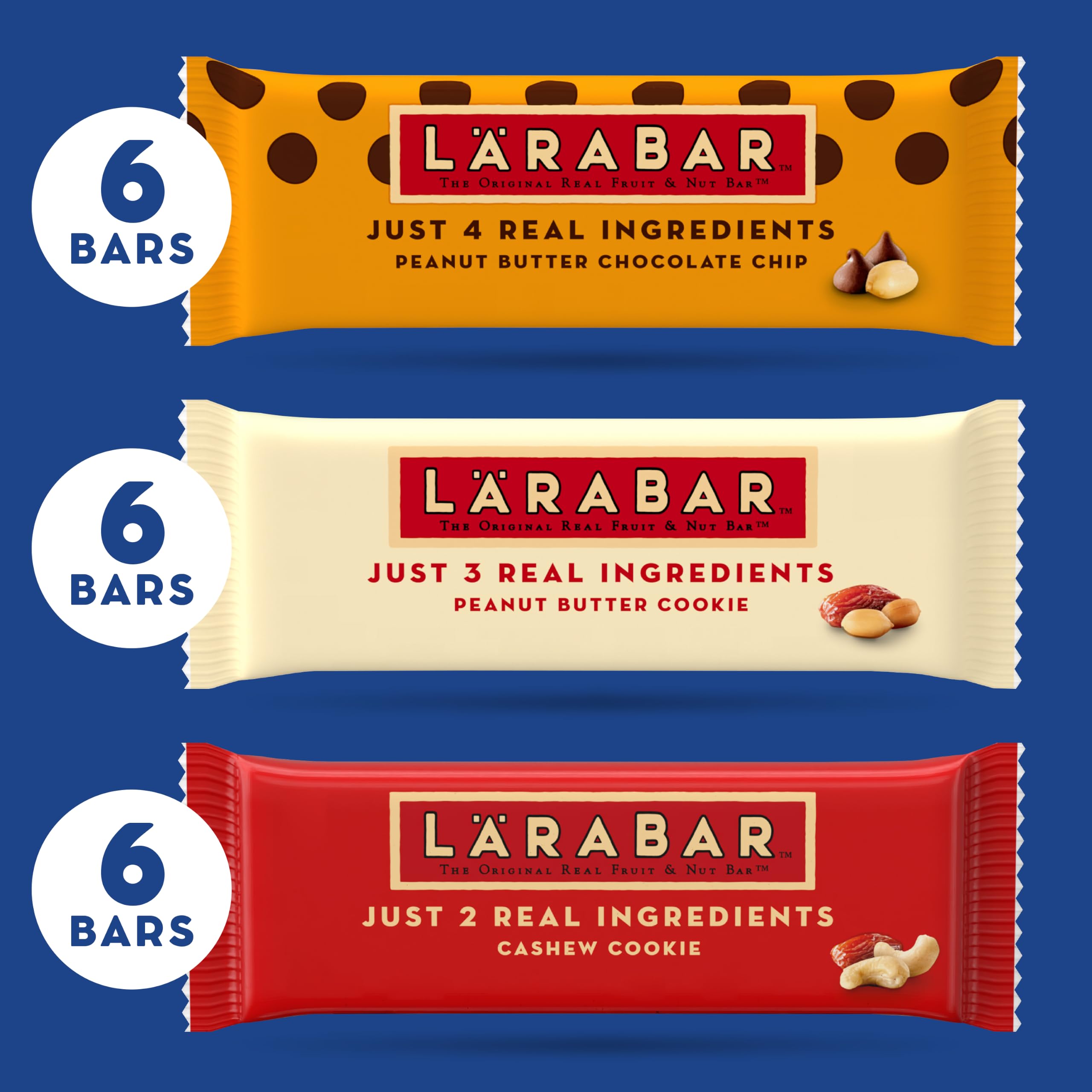 Larabar Assortiment de barres de fruits et de noix, 18 ct, 850,5 g | PB Choc Chip, PB Cookie & Cashew Cookie, 6 barres chacune, sans produits laitiers, sans OGM