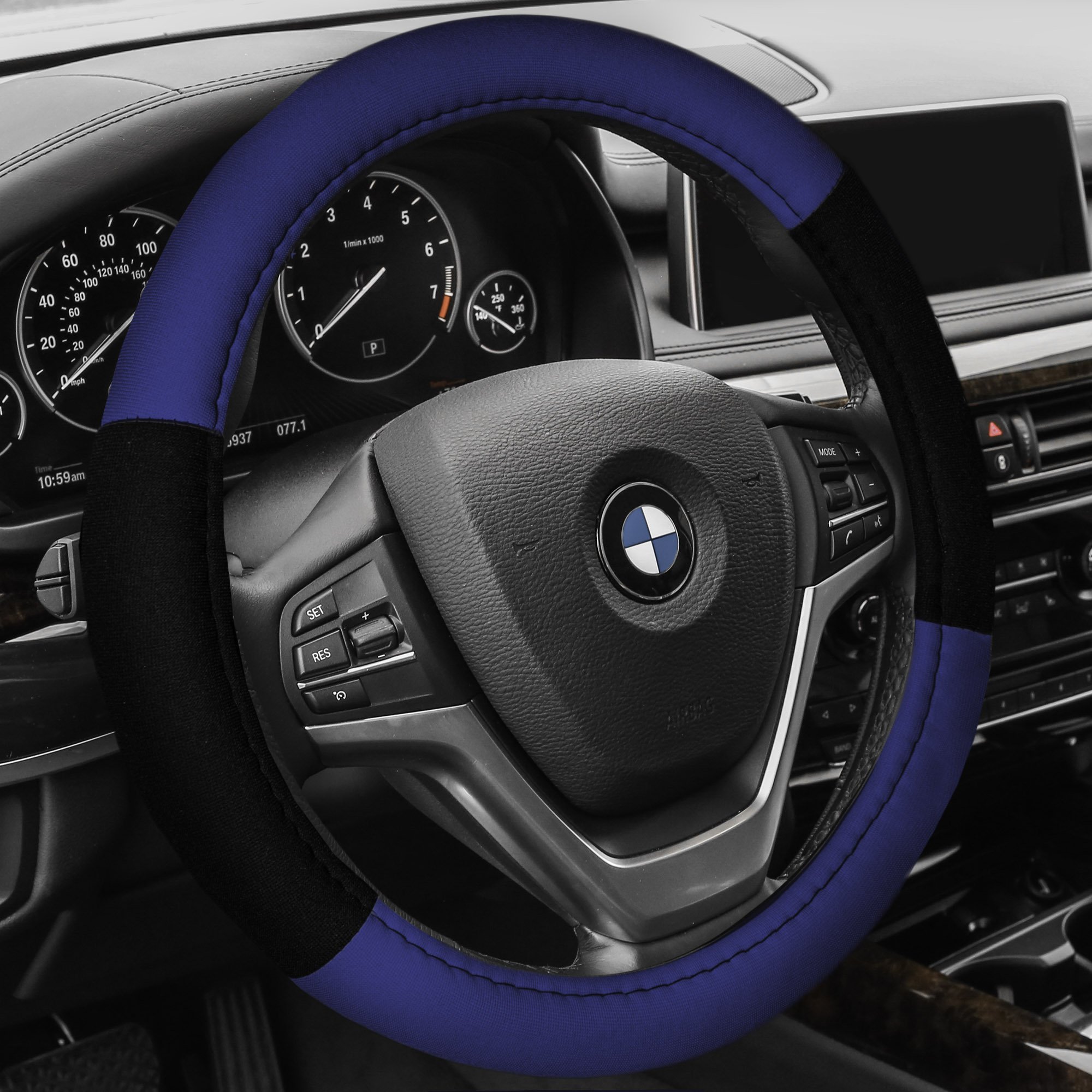 FH Group FH2033BLUE Universal Fit Modernistic and Seat Belt Pads Combo Set Blue Steering Wheel Cover fits most Cars, SUVs, and Trucks