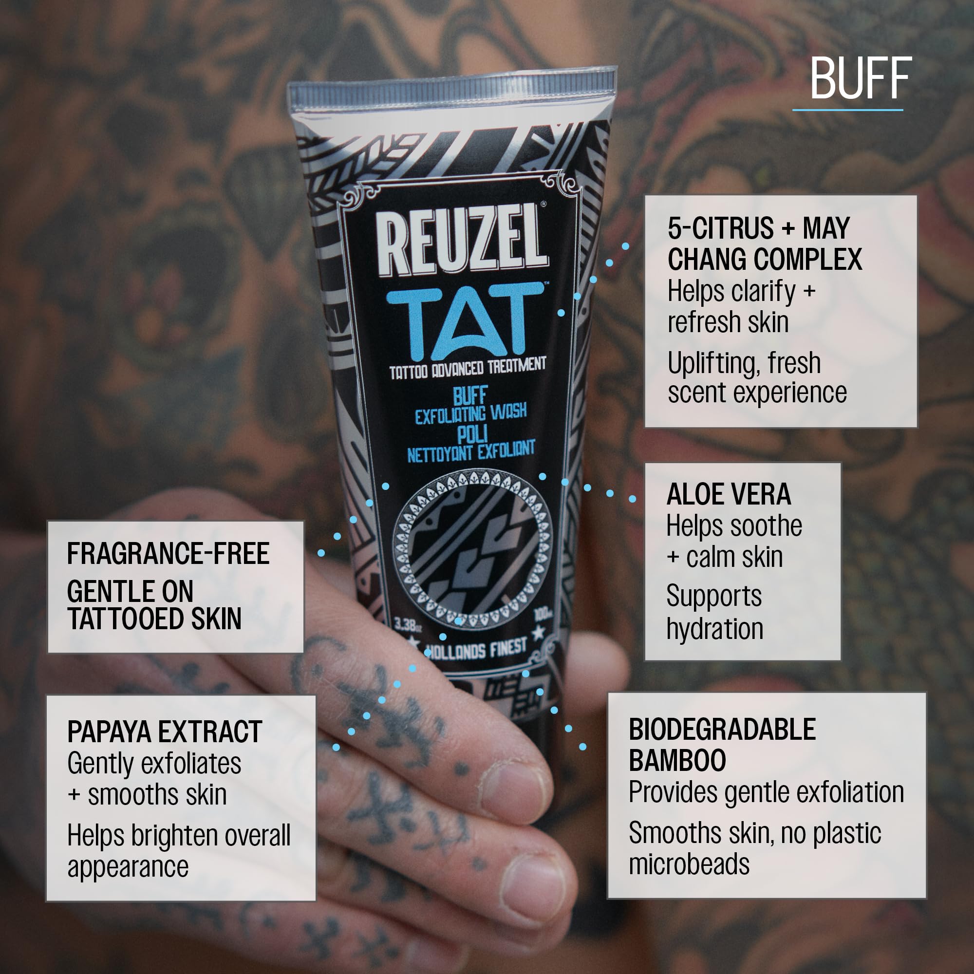 REUZEL Buff peeling złuszczający, delikatny peeling do oczyszczania tatuażu, rozjaśnia, wygładza, ujawnia definicję i kolor, nieszkodliwa, wegańska formuła, 95 ml | Scrub for Healed Tattoos with Fruit Enzymes. Brightening and Gentle Exfoliating Body Wash.