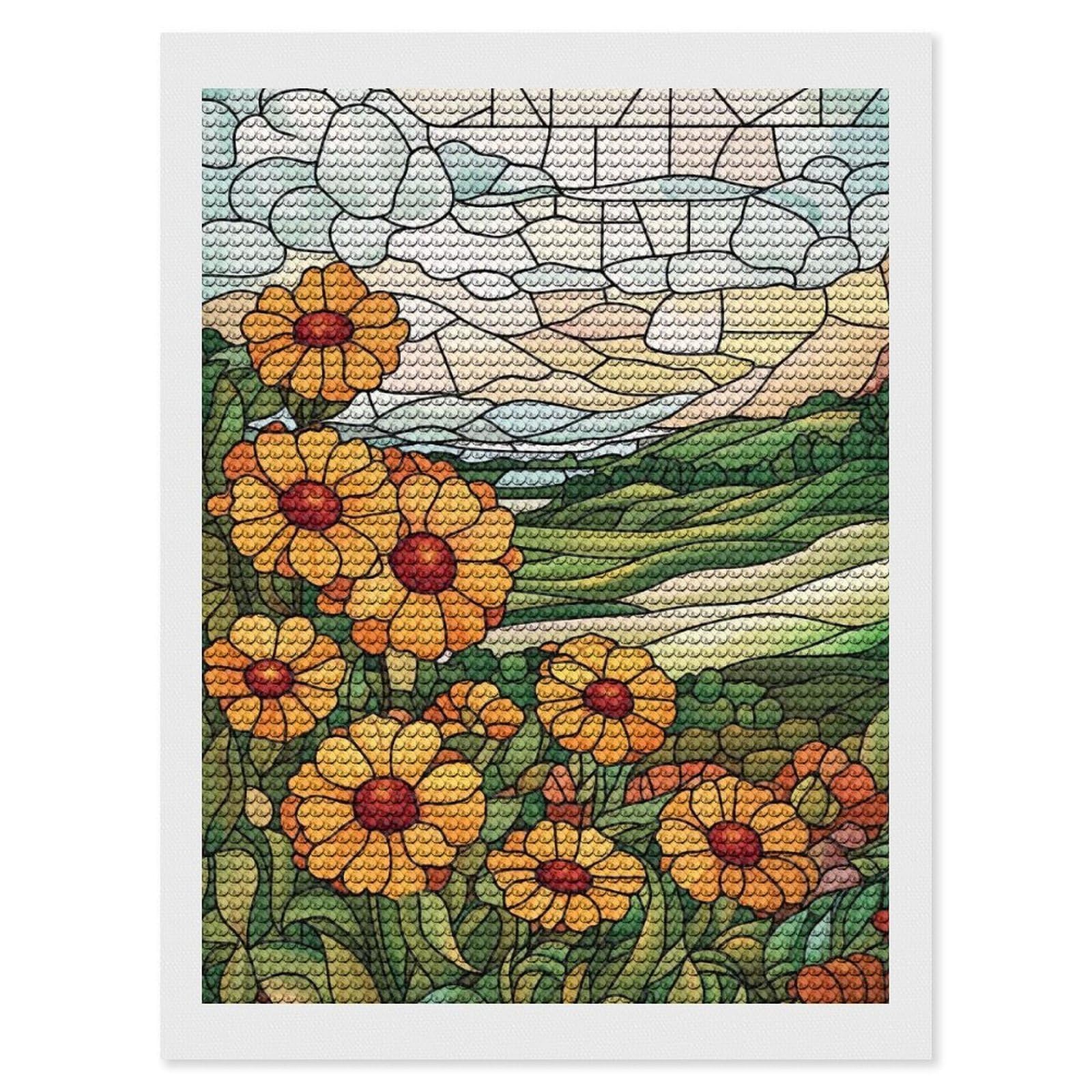 Junmoney Stained Glass Flowers & Landscape Diamond Art Canvas 12"x16", Easy to Follow Symbols, Finish and Display, Fun Craft Experience, Aesthetic Room Decor
