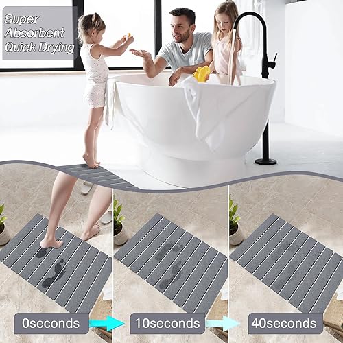 Miniatura 6 de Paquete de 2 tapetes de baño plegables de piedra, alfombra de baño gris súper absorbente de tierra de diatomeas, tapete de ducha antideslizante,