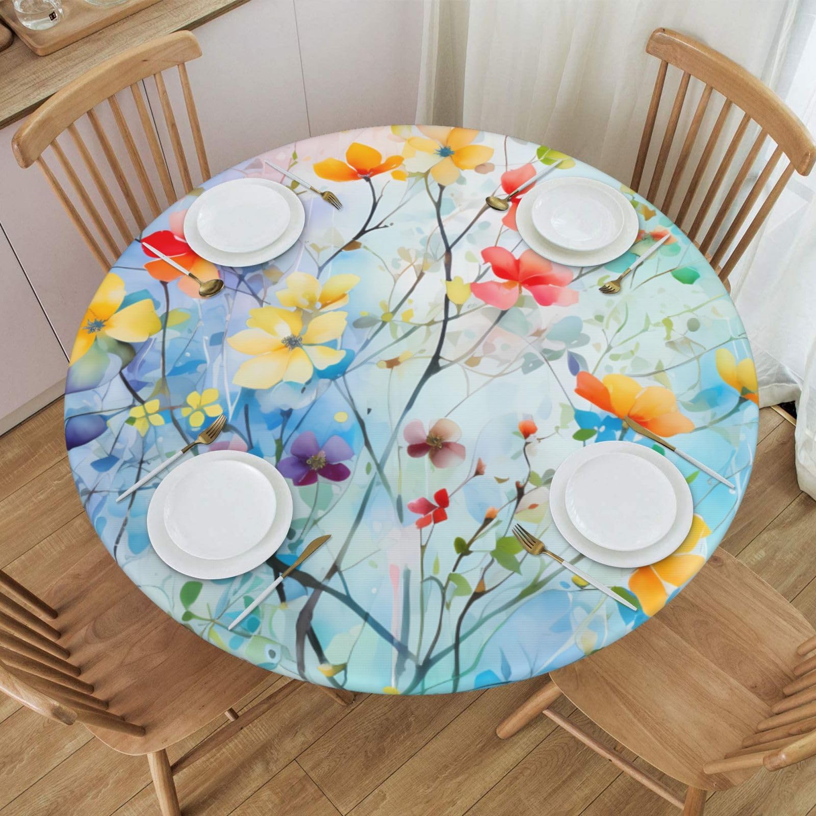 XYFCS Round Fitted Tablecloth Spring Floral Flower Art Table Cloth with Elastic Edged Waterproof Wipeable Round Table Cover for Patio Parties Outdoor Decor, 45