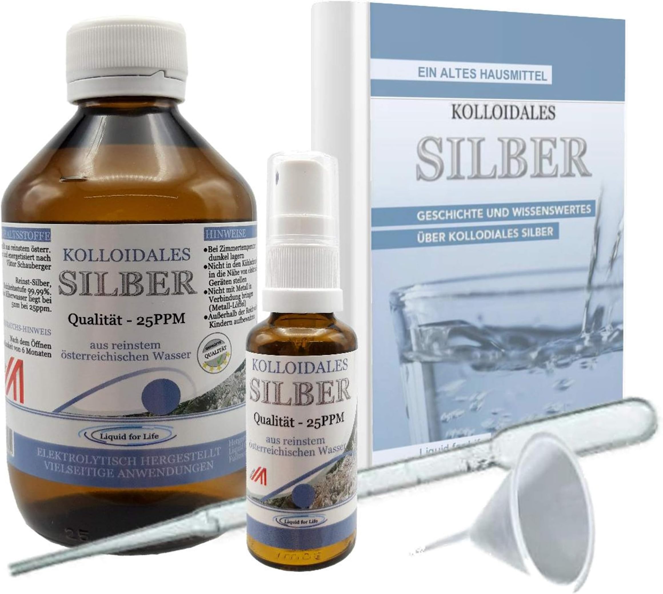 Colloidal Silver 25ppm - 250ml Silver Water - in Radiation Protection Packaging - Including 30ml Spray Bottle & Accessories - Free E-Book