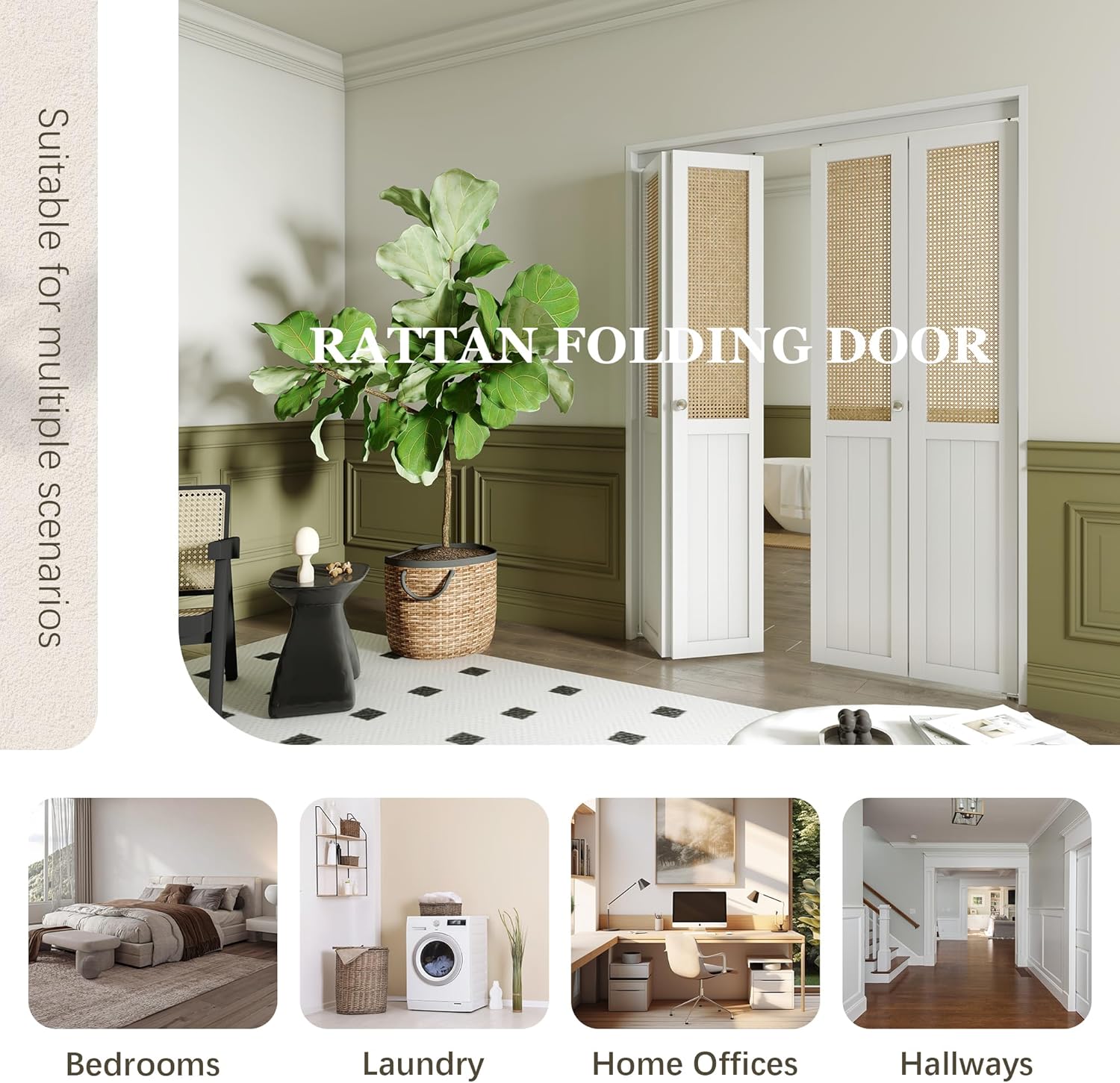 BARNER HOME Bi-fold Doors - Cane Closet Door for 36" x 80" Opening, Webbing & Wood Interior Door Slab, Including Hardware, MDF, White Folding Door for Wardrobe
