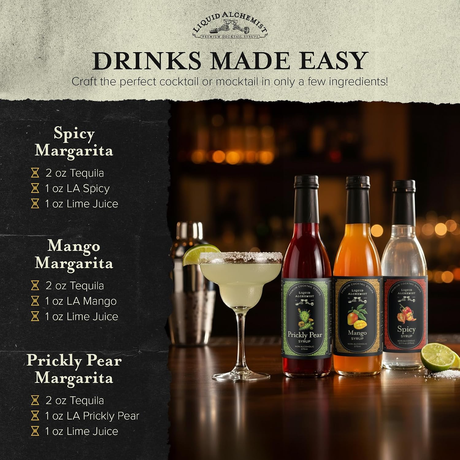 Liquid Alchemist Margarita Mix Trio Pack – Prickly Pear, Mango & Spicy Syrup | Our Small Batch Margarita Mixers Use Real Ingredients Perfect for any Cocktail Syrup Enthusiast (3 Pack, 12.7 oz Bottles)