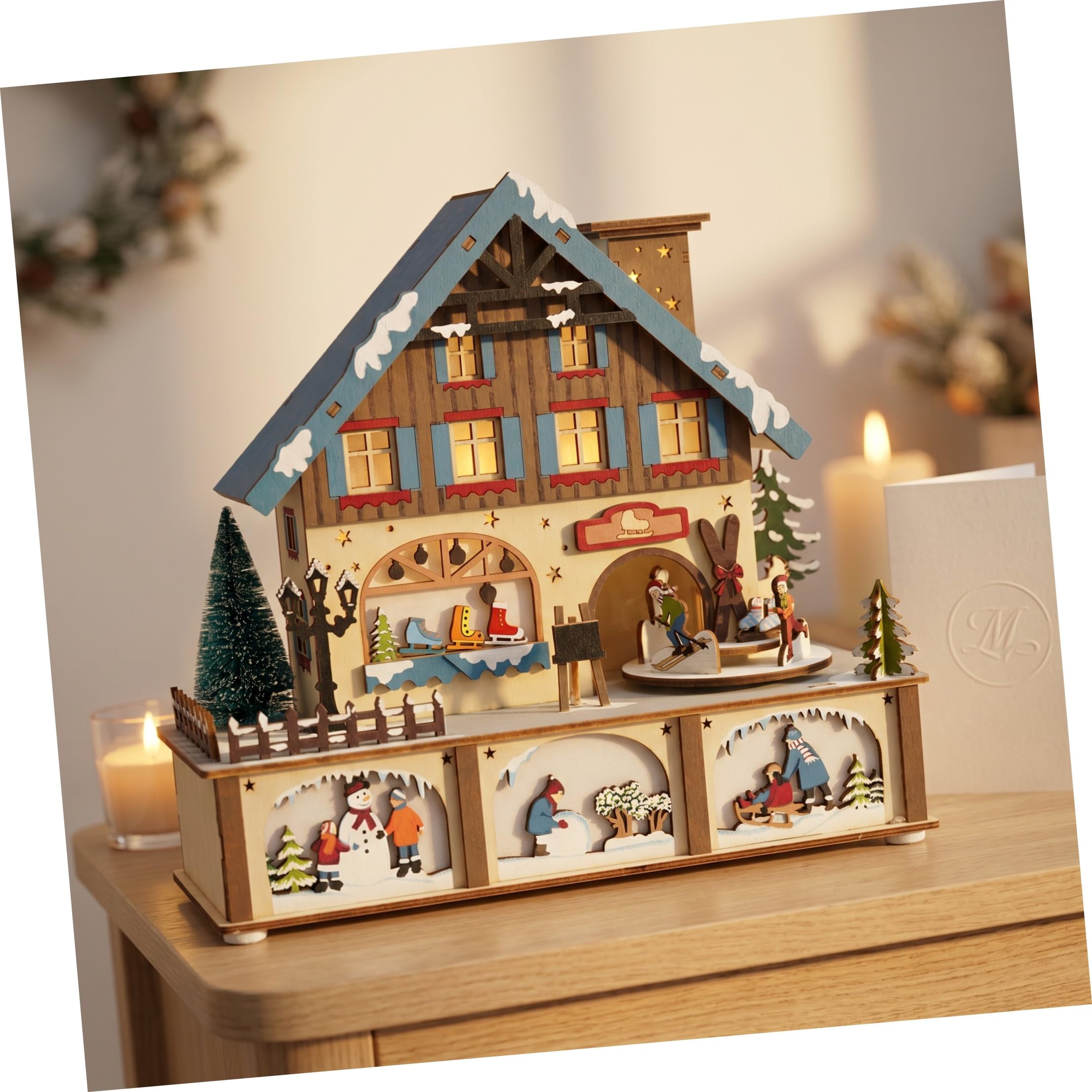 TOYANDONA Decorazione Natalizia in Legno con LED Luminoso Casa di Natale Piccola per Interni Festa