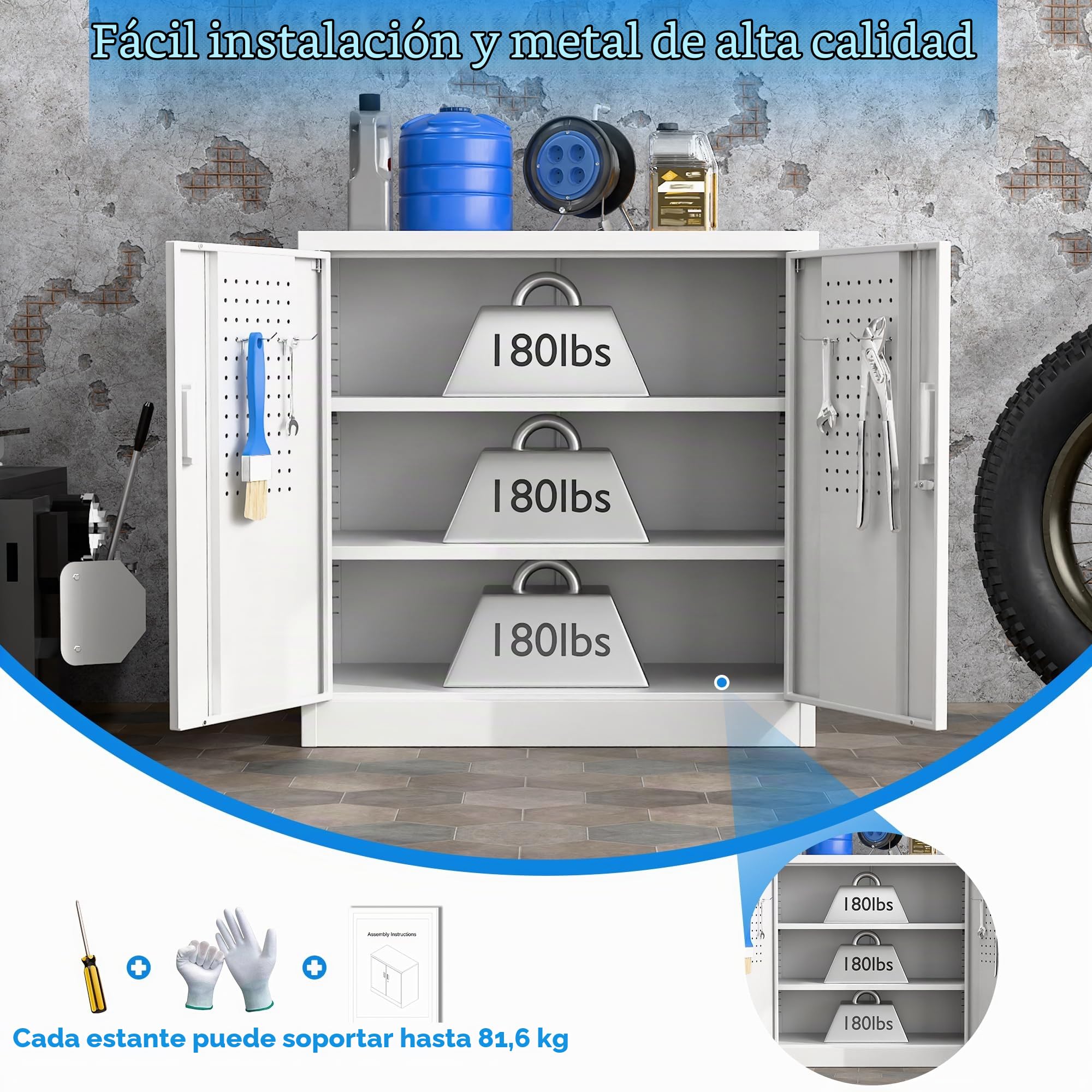 Armario de metal con placa perforada y gancho, altura 80 cm, 2 estantes ajustables, para casa, oficina, garaje, escuela, bricolaje, color blanco