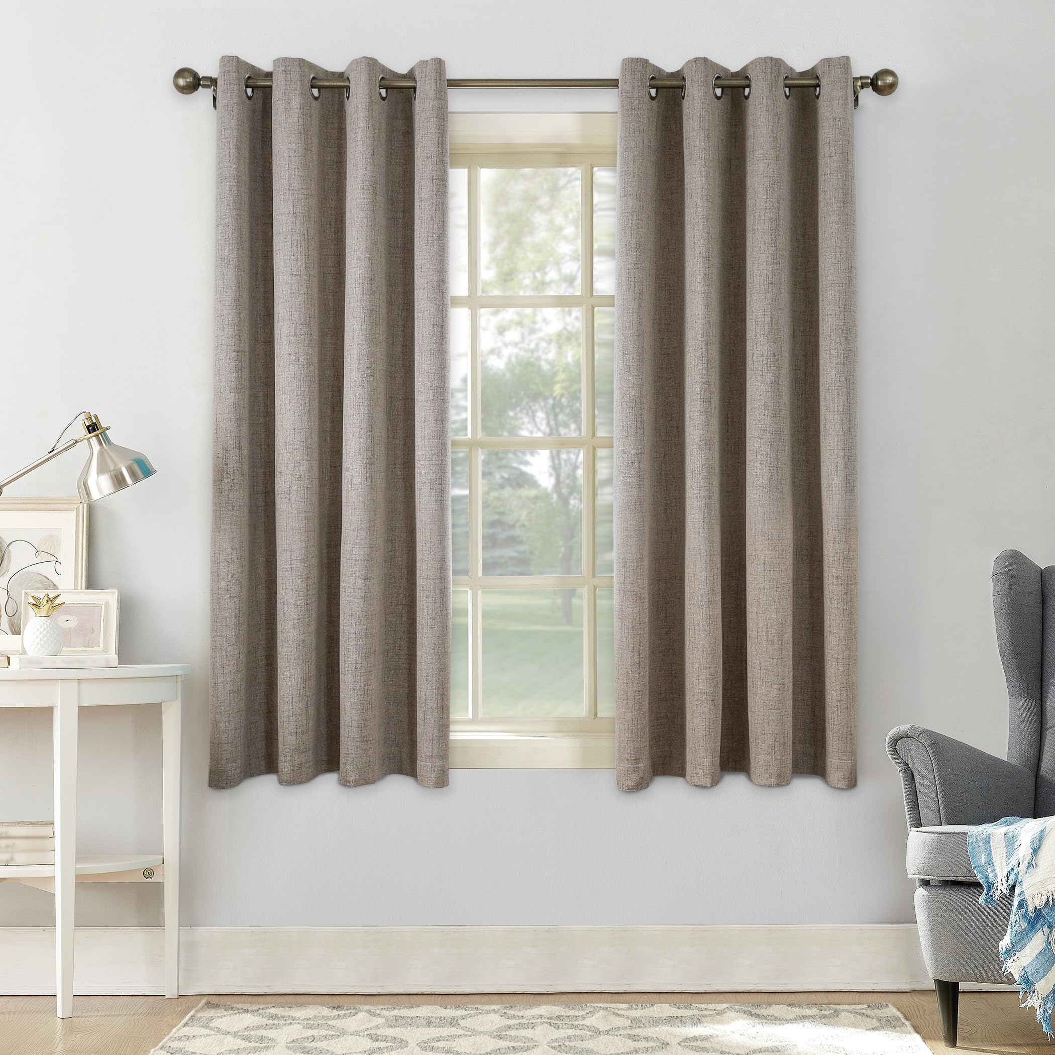 CUCRAF 100% Blackout Curtains Linen Thermal Curtains 54 Inch Drop 2 Panels Soft Texture Energy Saving Sun Blocking Eyelet Curtains for Bedroom Living Room 46 X 54 Inch