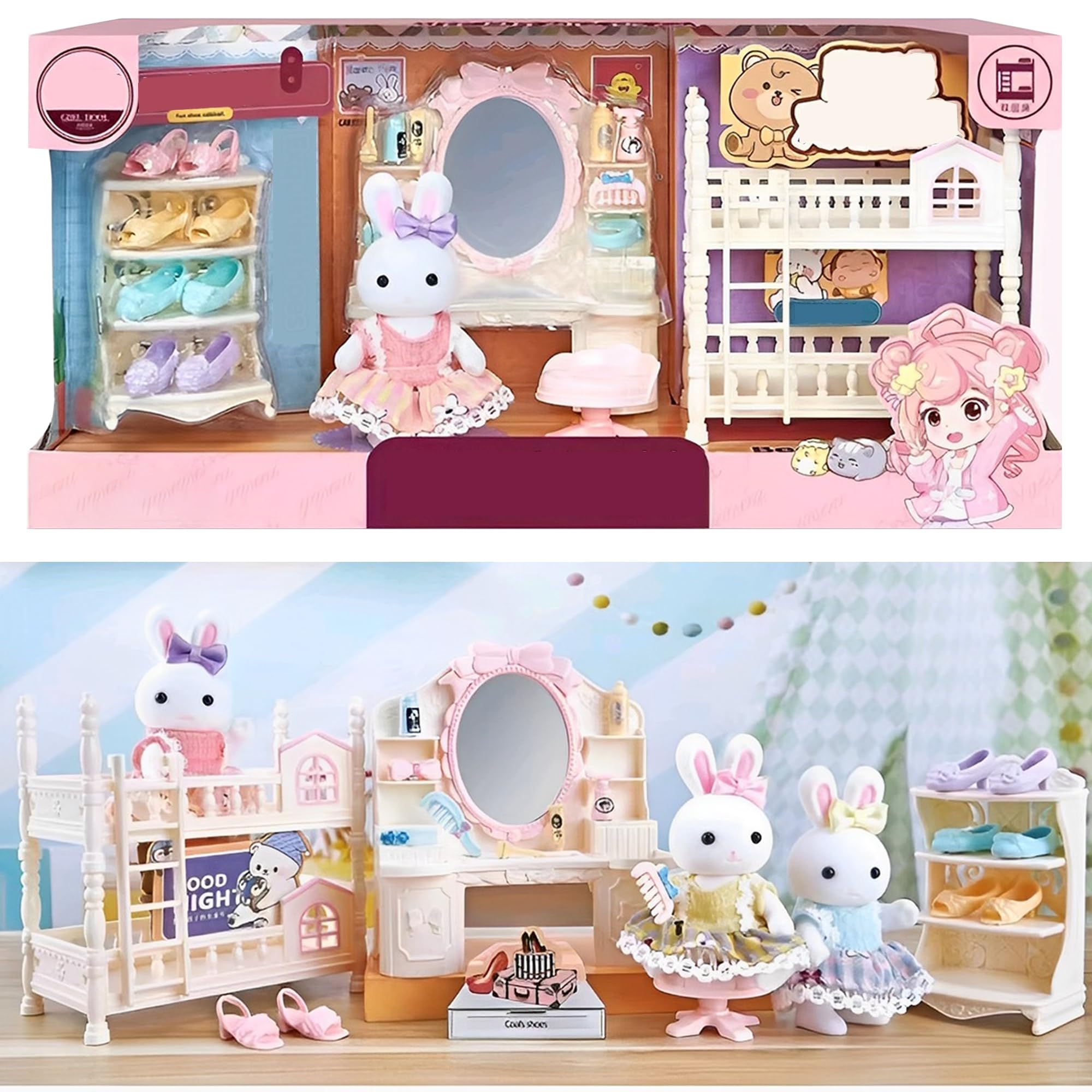 SQAQS Casa de Muñecas para Niñas, Juguetes Niña con Muebles y Accesorios, Casa para Muñecas, Dollhouse Playset, Juguetes niñas Desde 3 años, Casa, Casa del Conejito, Bunny Toyhouse (Dormitorio)