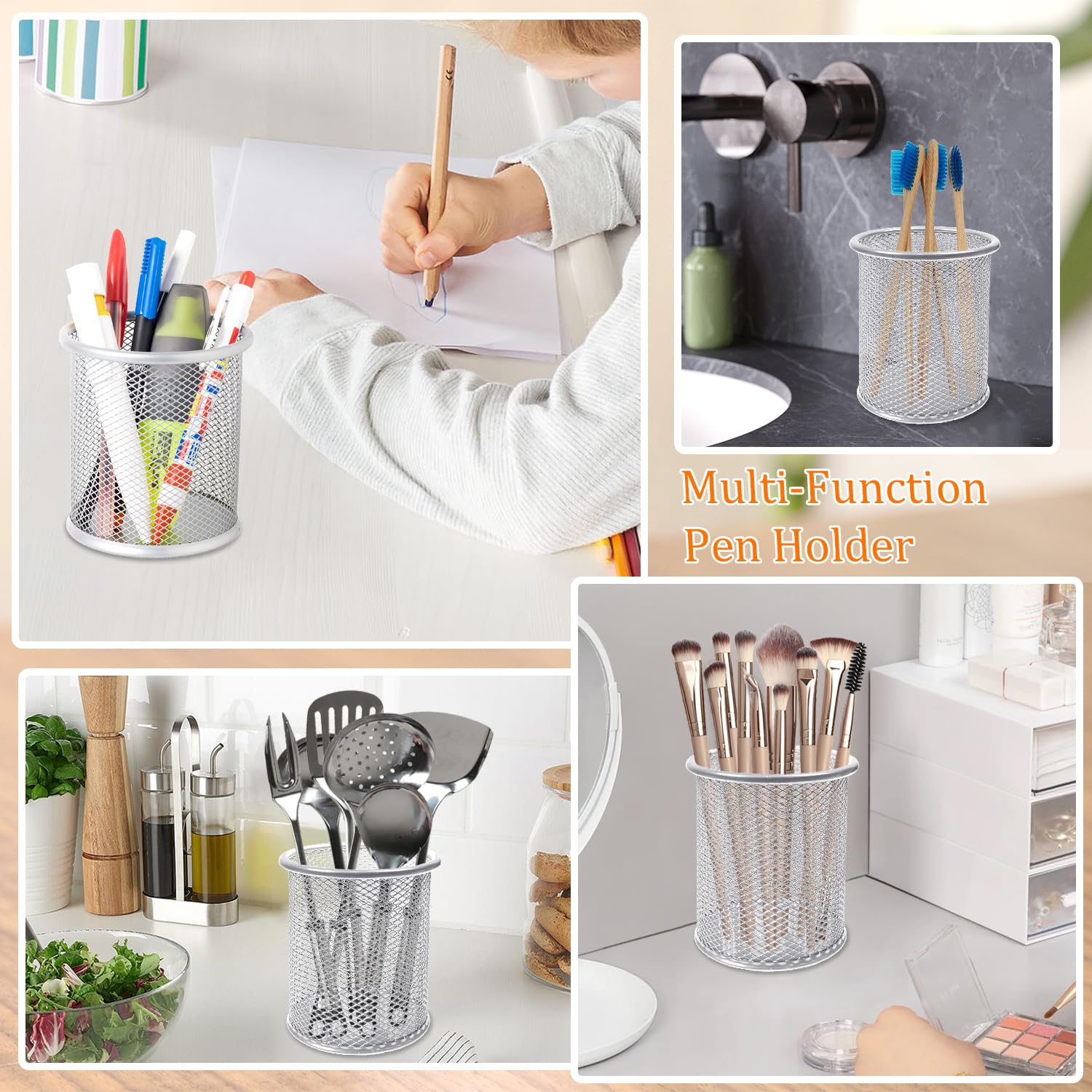 DIFIT 2PC Pen Holder, Metal Pen Pot, Silver Pencil Pot - Image 4