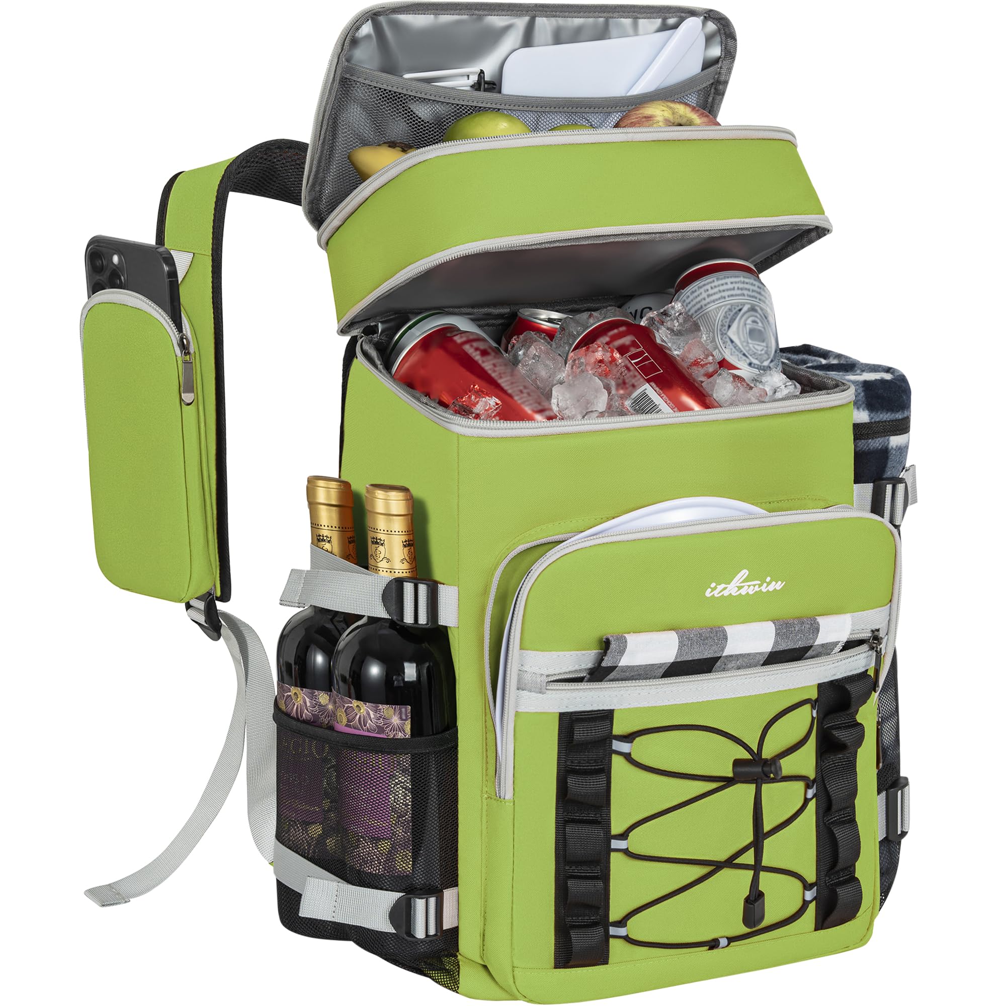 OUUTMEE 30L 40-Can Cooler Picnic Backpack Cool Bag, Insulated Leakproof Waterproof Cooler Backpack, Picnic Lunch Box for Camping Hiking BBQ Beach, Green