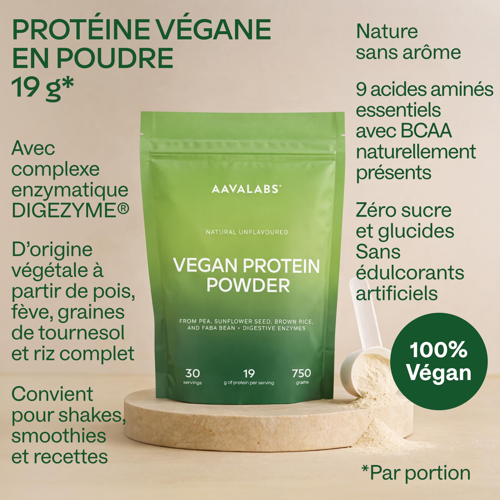 Proteine Vegetale en Poudre 750g DIGEZYME® | Proteine Vegan de Pois (Pea), Ris, Fèves, Tournesol - Protéines Sans Sucre, Sans Lactose - 9 acides aminés essentiels EEA et BCAA - Vegan Protein Powder