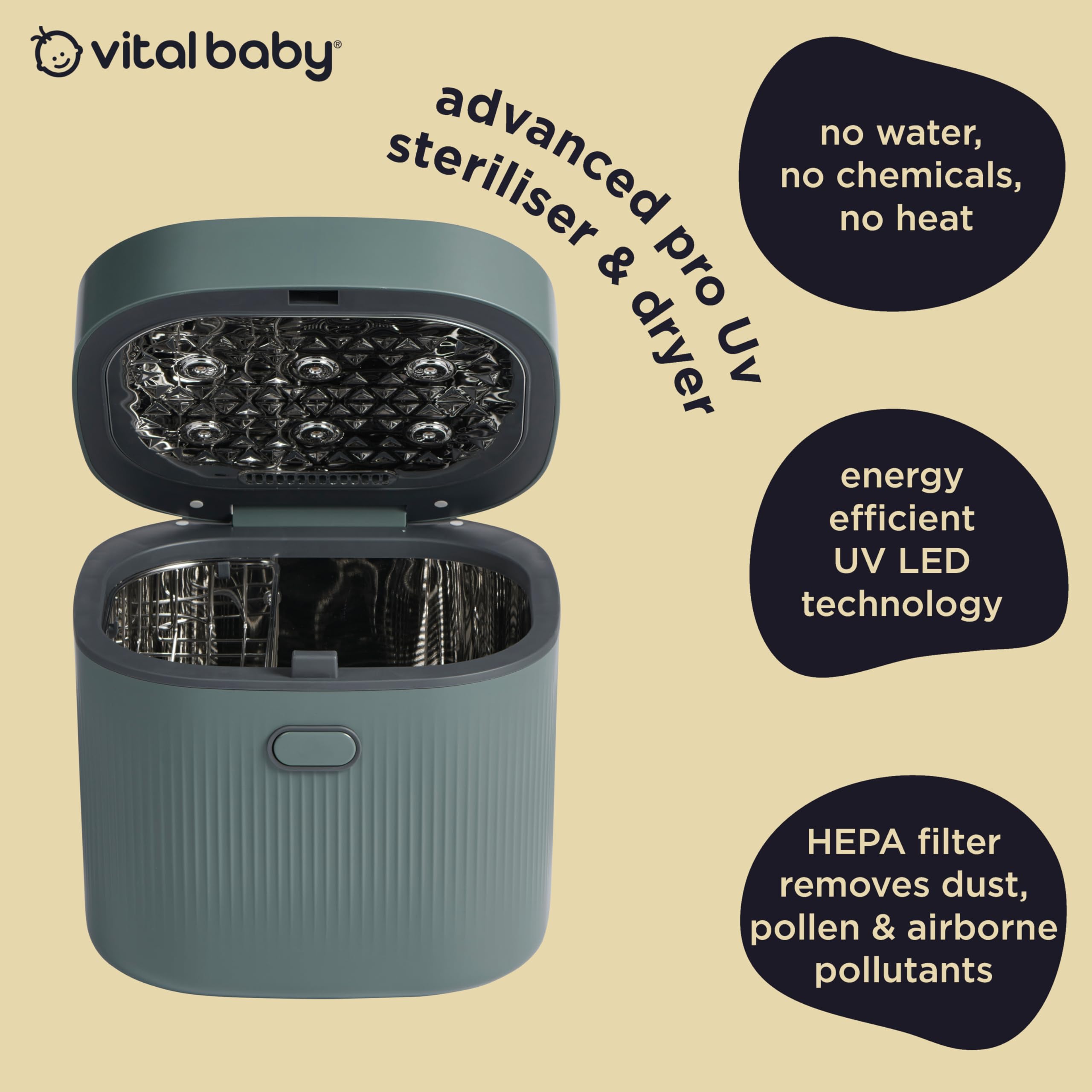 Vital Baby Stérilisateur UV pour biberons et accessoires - Tue 99,99% des germes en 5 minutes, stérilise, sèche et stocke, sans eau, vapeur ou produits chimiques - Vert olive