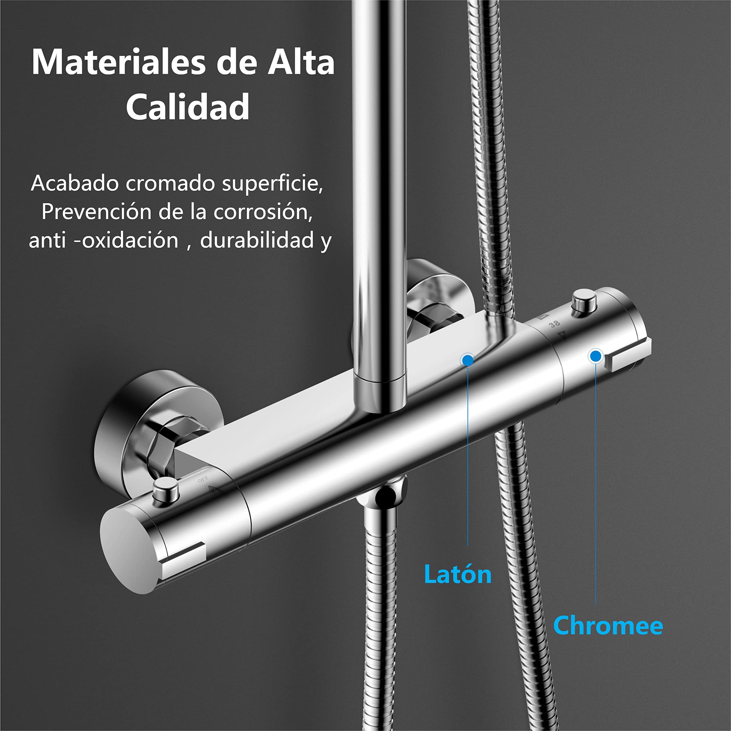 Columna Ducha Termostática, YOOZENA Duchas de Baño Columna Extensible con Grifo, Conjunto con Grifo Lluvia 26x19cm, Alcachofa con Manguera, Cromado