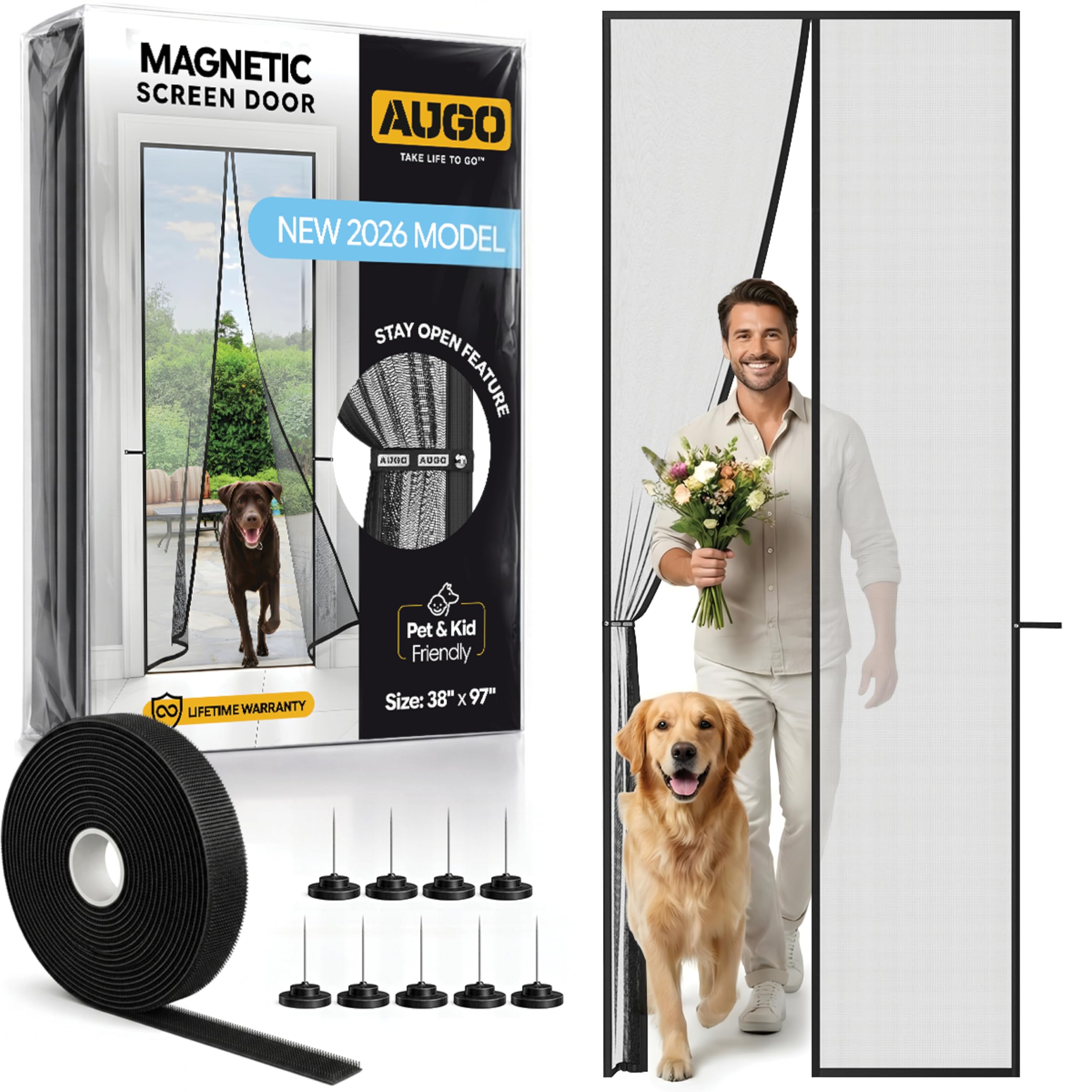 Augo Mesh Magnetic Fly Screen Door - Self Sealing, Heavy Duty, Hands Free Net Partition Keeps Bugs Out - Pet And Kid Friendly - Patent Pending Keep Open Feature - 97 X 247Cm