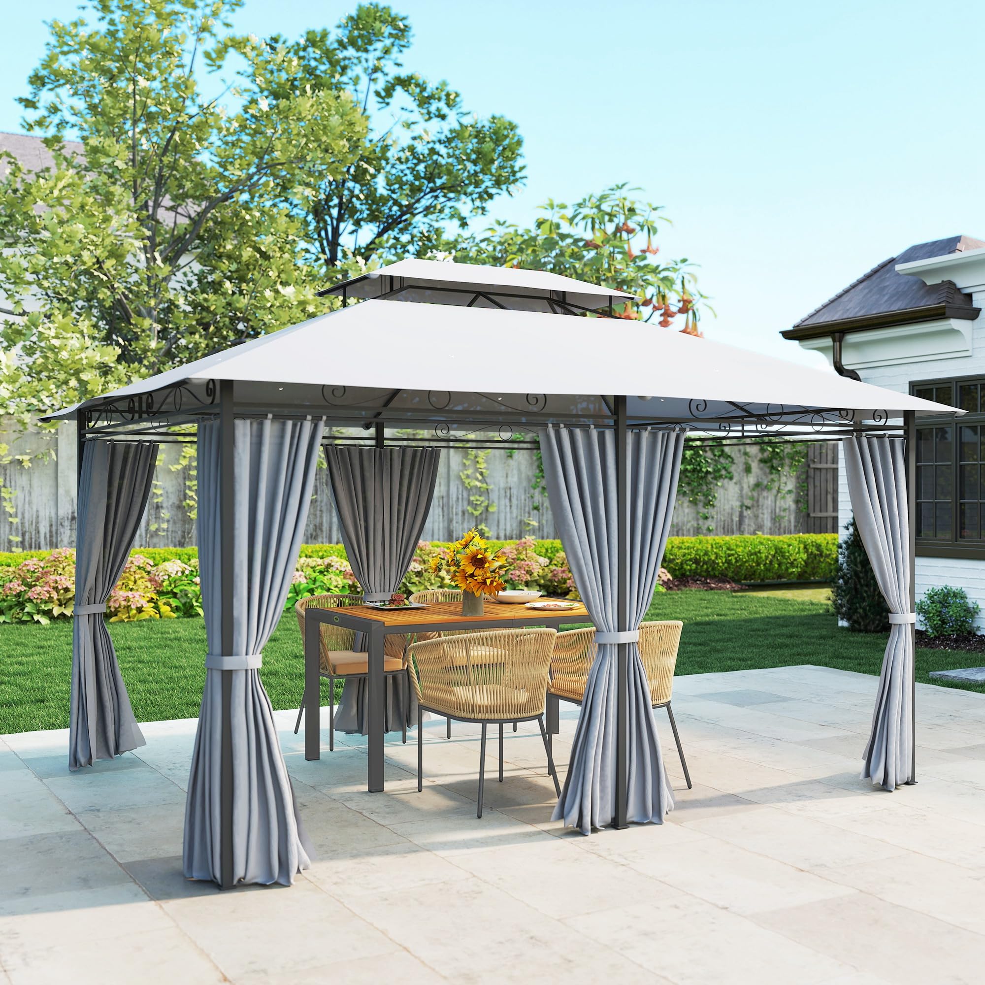 Outsunny Cenador para Jardín 3x4 m, Pabellón de Jardín, Gazebo con Doble Techo, 6 Paredes Laterales, Estructura Metálica, Drenaje, Carpa para Exterior, Terraza, Patio, Gris Oscuro