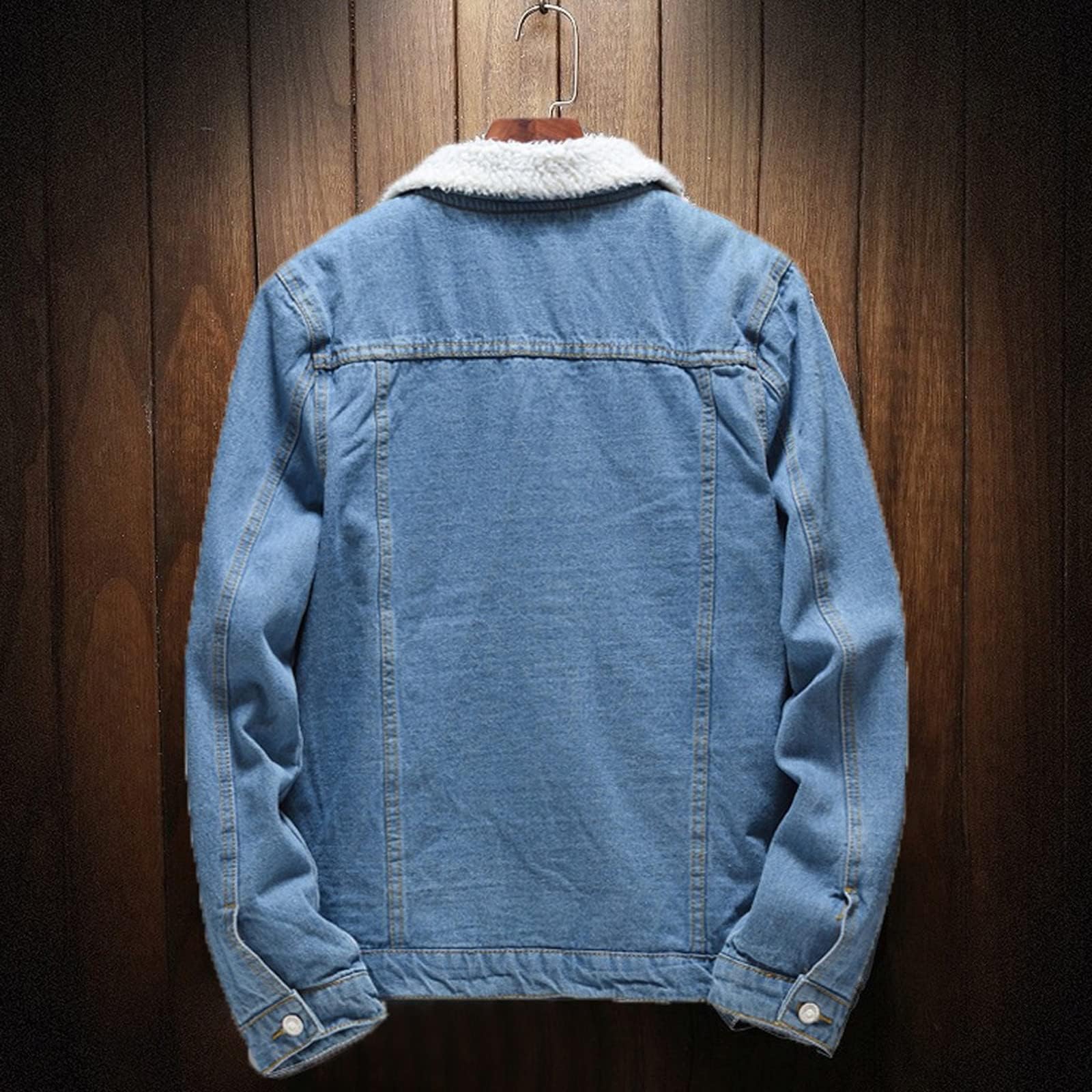 Generisch Giacca di jeans da uomo invernale in denim, calda imbottitura, alla moda, con rivestimento in pelliccia, casual, tinta unita, per le mezze stagioni, in denim