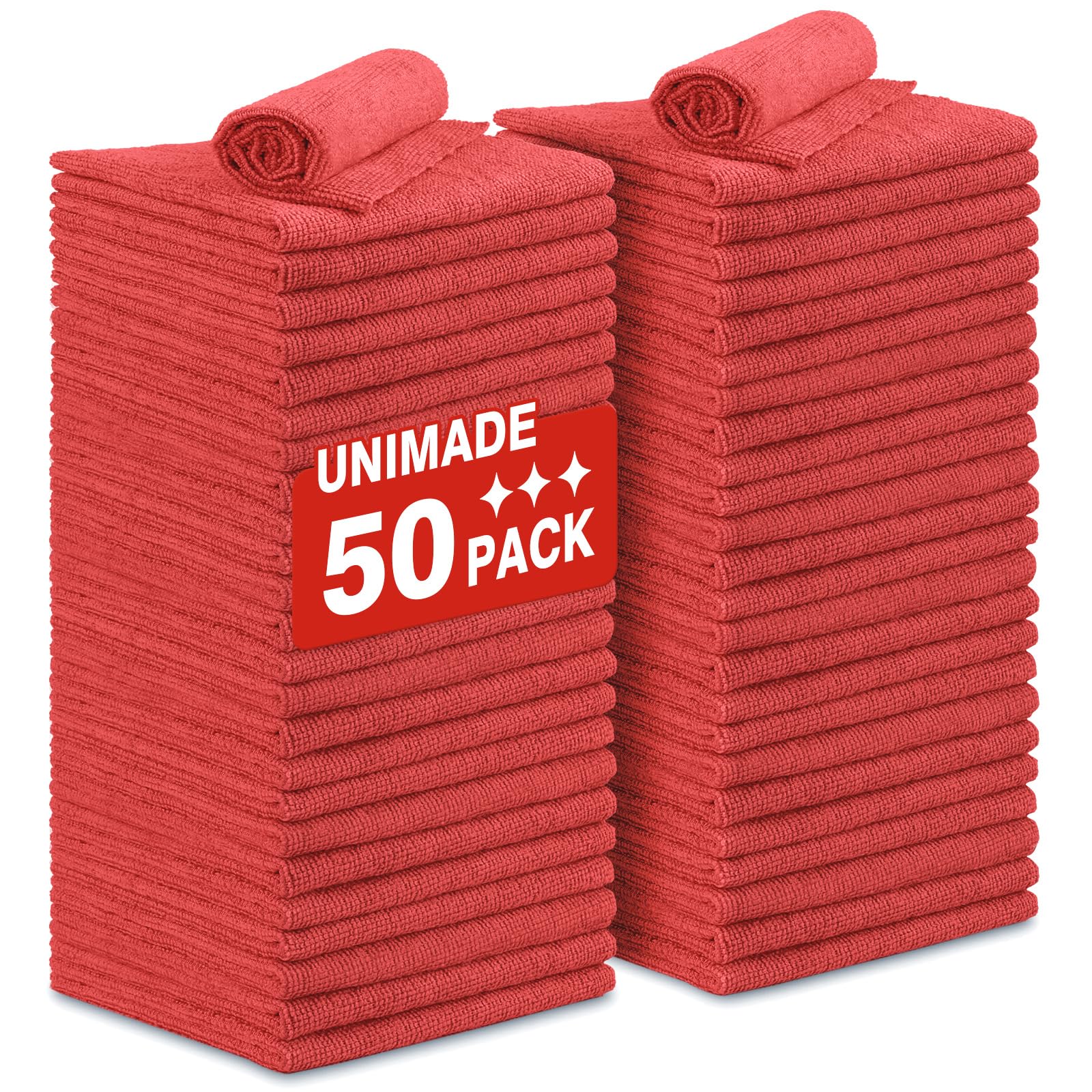 Shop Towels Rags, 50 Pack Reusable Shop Rags Bulk Microfiber Cleaning Cloth Lint Free Cleaning Towels for Car Kitchen Automotive Bar Mechanic Restaurant Garage, 11.5"x 11.5", Red[Amazon-developed Certification] Compact by Design