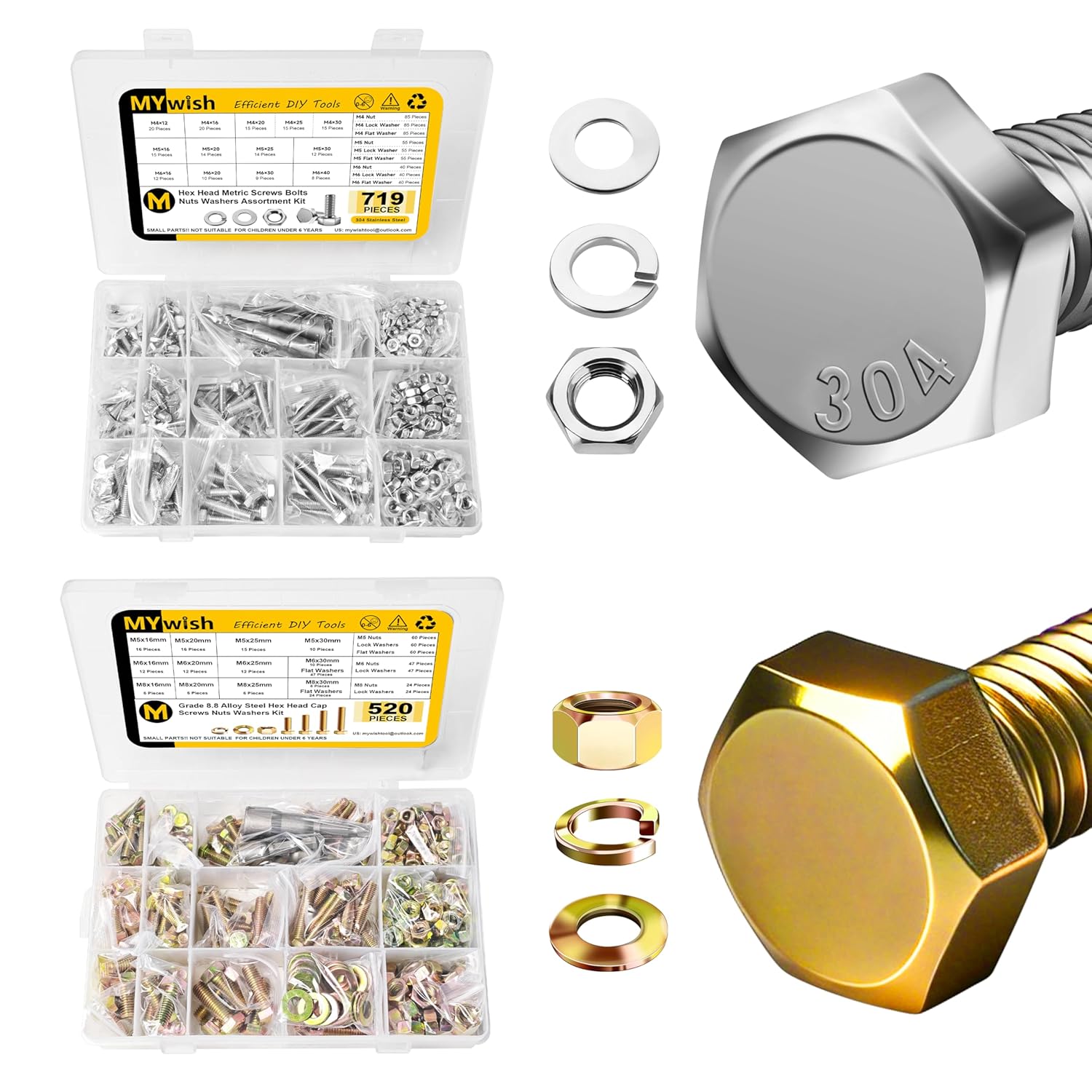 Mywish 719PCS M4 M5 M6 Bolt Screw Set, Metric Bolt Assortment & 520 Pcs M5 M6 M8 Hex Head Bolts Screws, Metric Bolt Assortment, Nuts and Bolts Set Flat & Spring Washers, Hex Head Bolts Screws