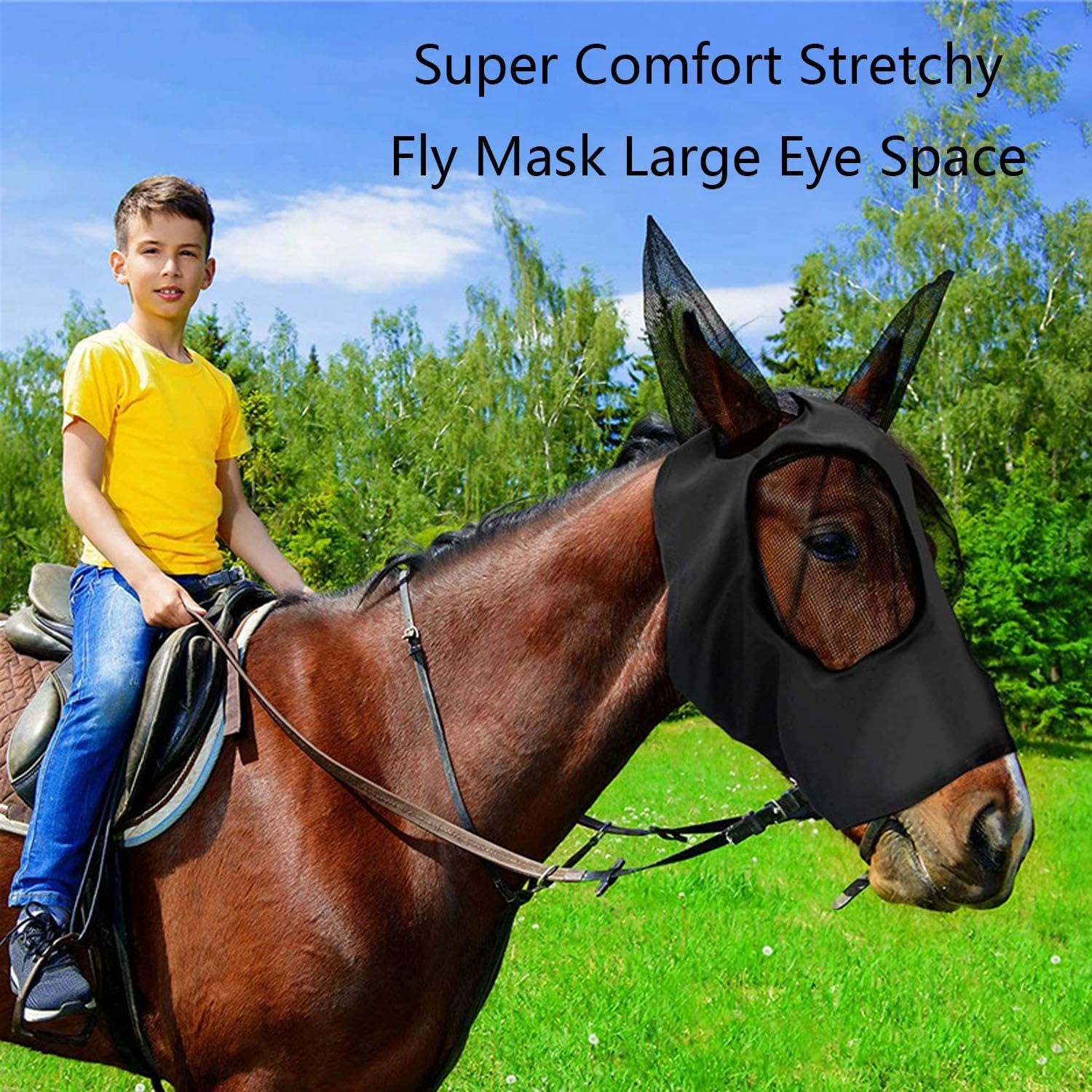 1 Máscaras Protectoras para Caballos con Cobertura Orejas, Tela Lycra Elástica, Repele Moscas e Insectos, Protección Solar Equina, Malla Transpirable y Suave