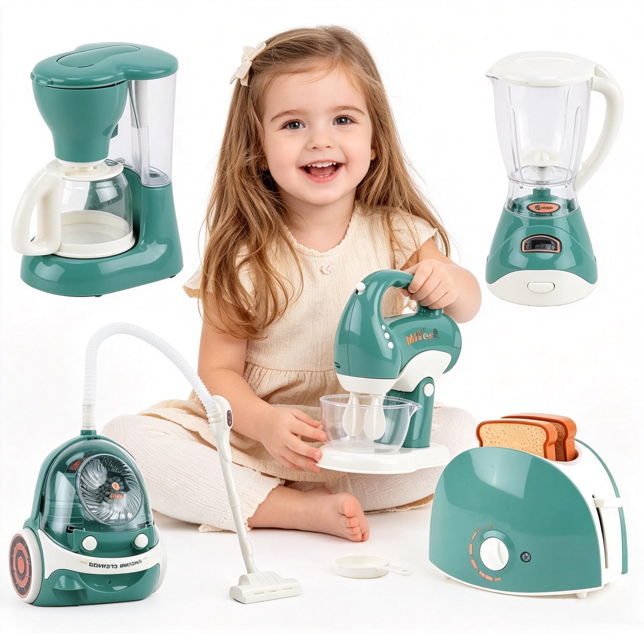 Conjunto de Utensilios de Cocina Infantil,accessori cucina bambini con Cafetera, Batidora,Spremiagrumi,Aspirapolvere,Tostadora Con luces y sonidos realistas,Perfetto per Ragazzi e Ragazze 3+