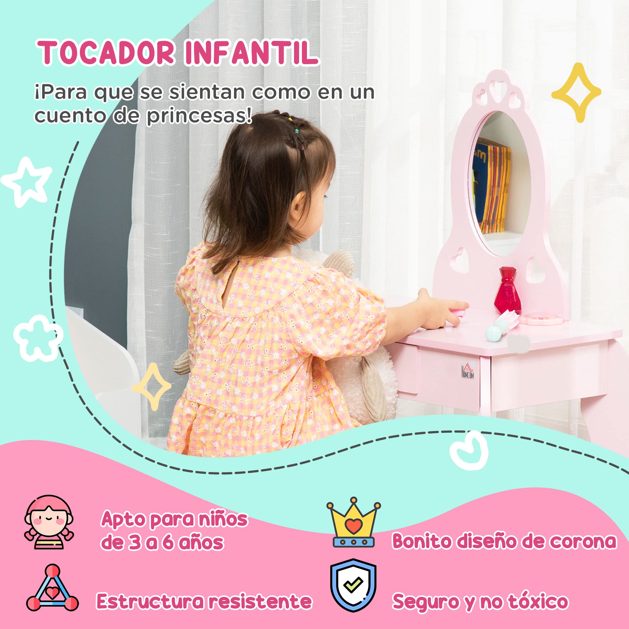HOMCOM Tocador Infantil Madera Niñas 3-6 Años con Taburete Espejo Princesa 60x36x88 cm Rosa