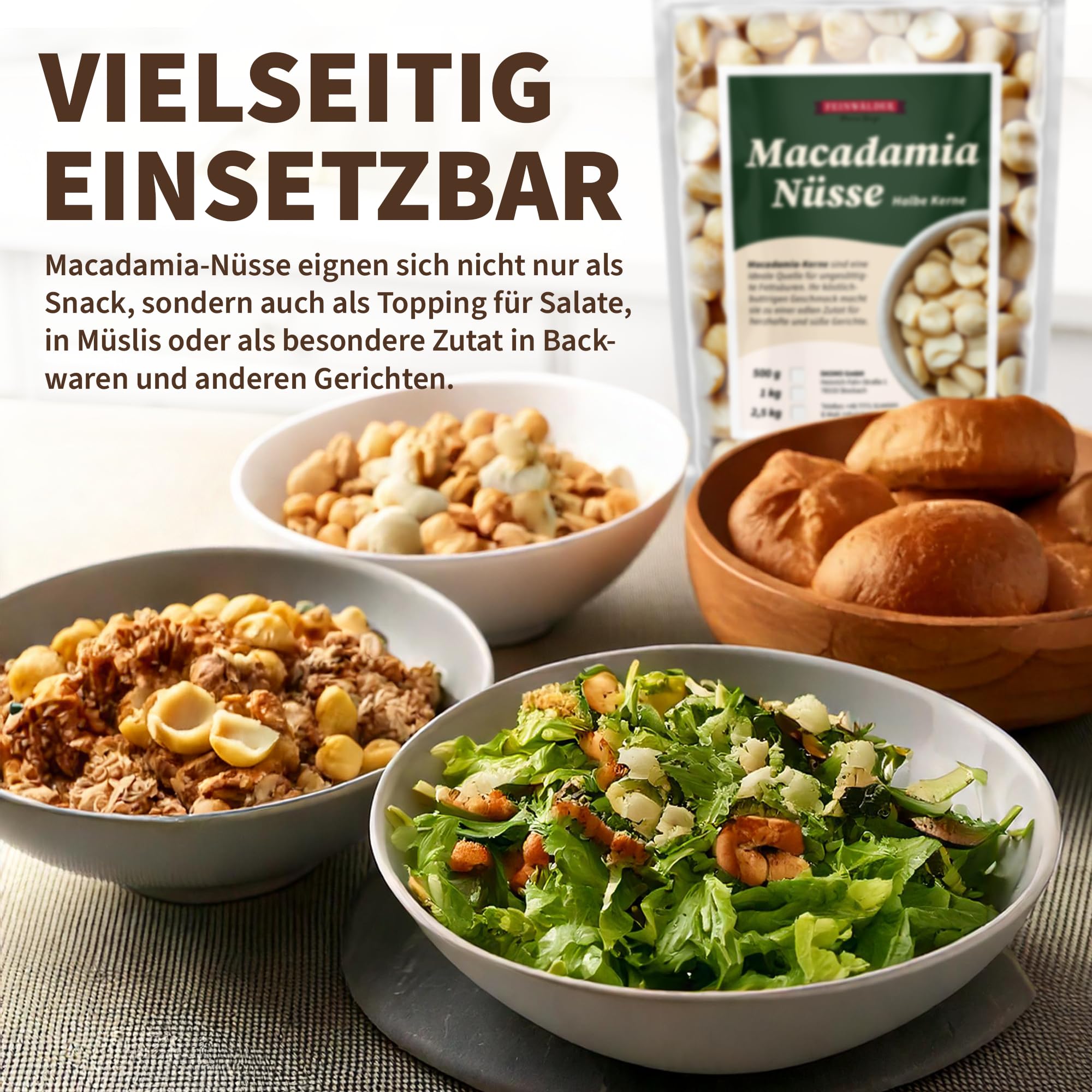 Feinwälder® Macadamianüsse Hälften 1kg Naturbelassen & Ungesalzen - Macadamia-Nüsse roh für Backen, Kochen & Snacks - Halbe Macadamia-Kerne, Macadamia-Nuss glutenfrei & vegan