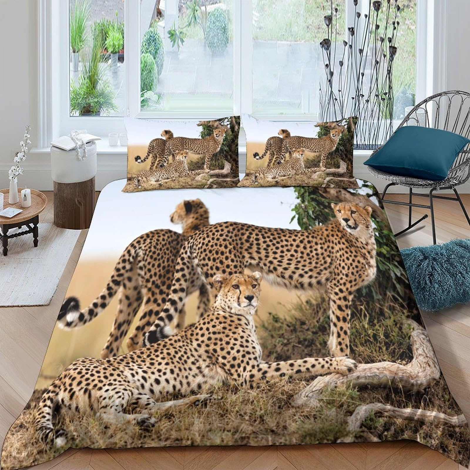 Ctjqhvkz Style-2 3D Printed Cheetah Family Fitted Sheet Microfiber Anti-Slip Savannah Bed Cover For Bedroom Guest Room Decor Single（135X200cm）