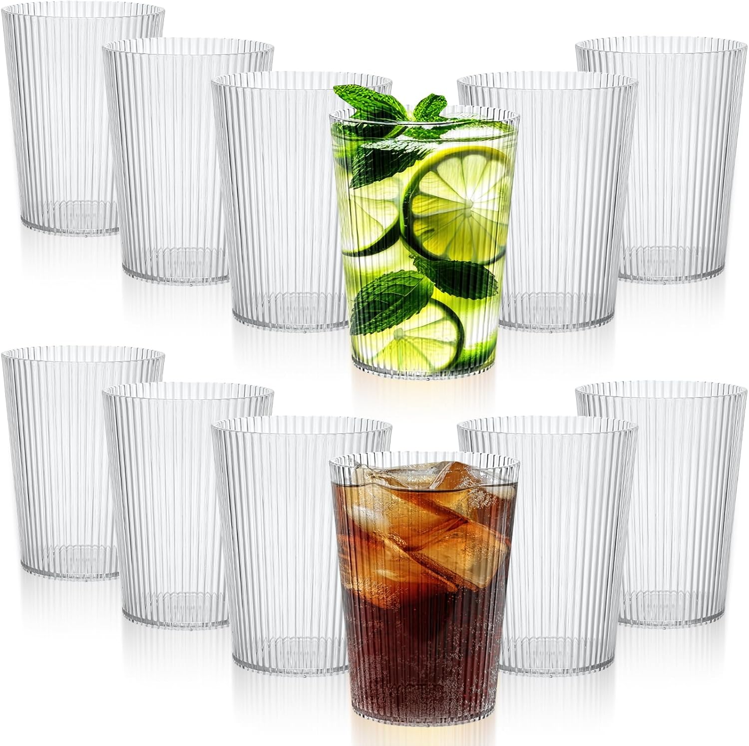 Hsei 12 Pcs Clear Plastic Tumblers Unbreakable Ribbed Drinking Glasses 10 oz