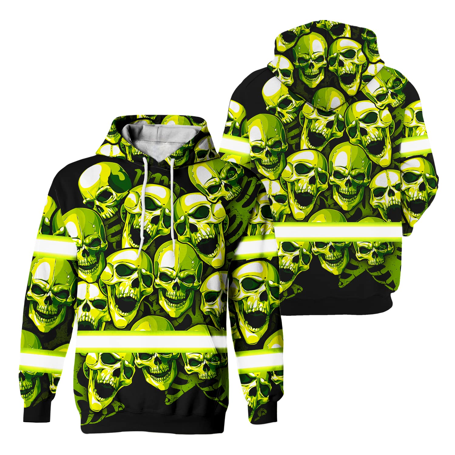 Matedecor Safety Hoodie Full Green Skull 2 Customize Name High Visibility Hoodie for Men Reflective Hoodie Hi Vis Hoodie Workwear for Runners, Walkers, Trucker, Operator, Patriotic-XL