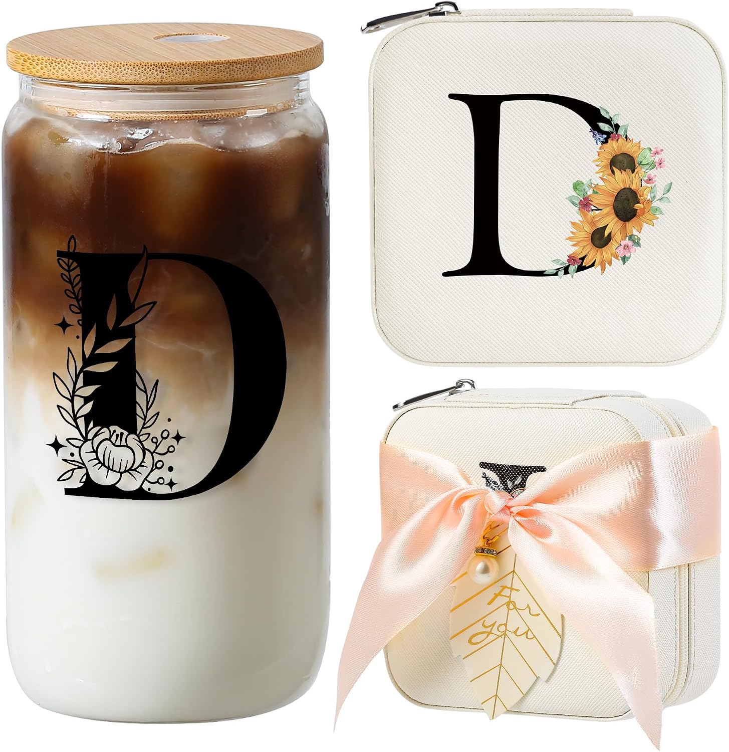 AYGXU Graduation gifts for girls,high school graduation gifts for her,Small Jewelry Travel Case,16oz glass cups with lids and straws,Graduation Travel Essentials,Initial D white