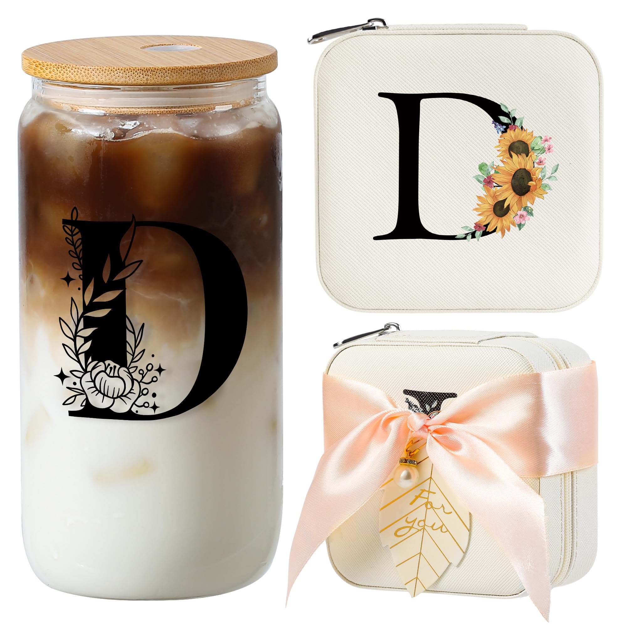 AYGXU Graduation gifts for girls,high school graduation gifts for her,Small Jewelry Travel Case,16oz glass cups with lids and straws,Graduation Travel Essentials,Initial D white