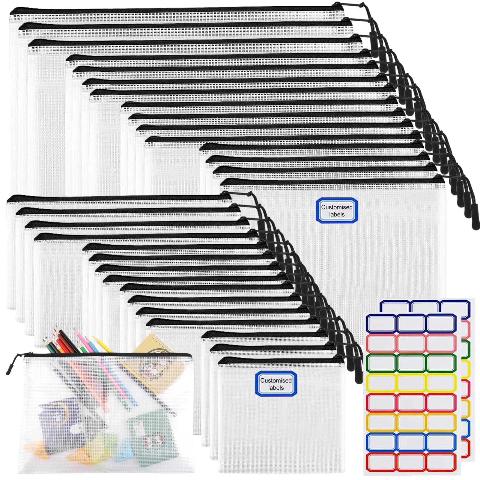 30pcs Multisize Mesh Zipper Pouch, YOPCDJ Lego Storage Organizer, 8 Sizes Waterproof Plastic Document Pouch, Bags for Travel Storage, Game, Office