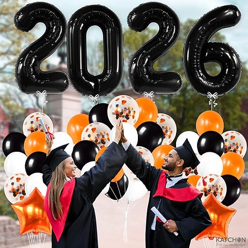 Miniatura 5 de KatchOn, Juego de globos negros 2025, gigantes de 40 pulgadas, paquete de 34 | Globos de graduación naranja y negro 2025, decoraciones de graduación