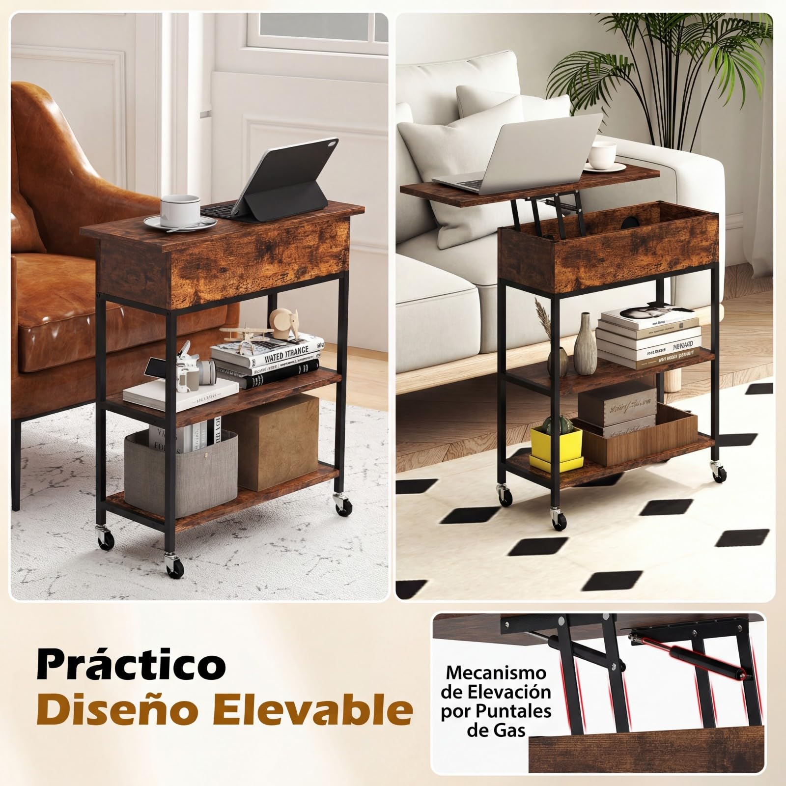 COSTWAY Mesa Auxiliar con Tapa Elevable y Estación de Carga, Mesa de Escritorio con Ruedas, Compartimento Oculto y Estantes, Mesita de Noche para Sofá, Salón y Dormitorio, 60x24x67,5 cm, Industrial