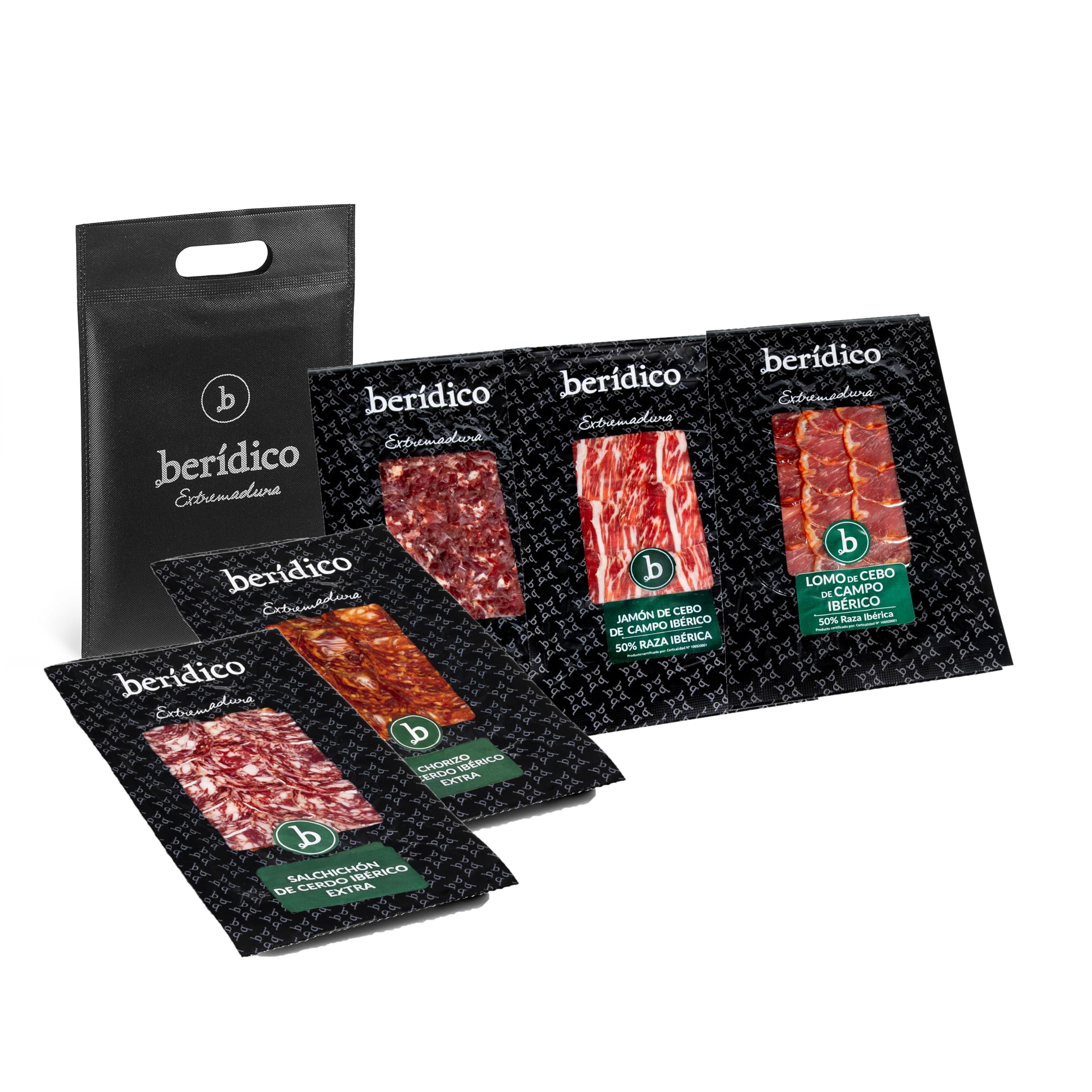 Pack de 5 sobres Loncheados Ibéricos: Jamón Cebo de Campo+Lomo Cebo de Campo+Chorizo Ibérico Extra+Salchichón Ibérico Extra+Taquitos. Extremadura. BERÍDICO. 500 g en total