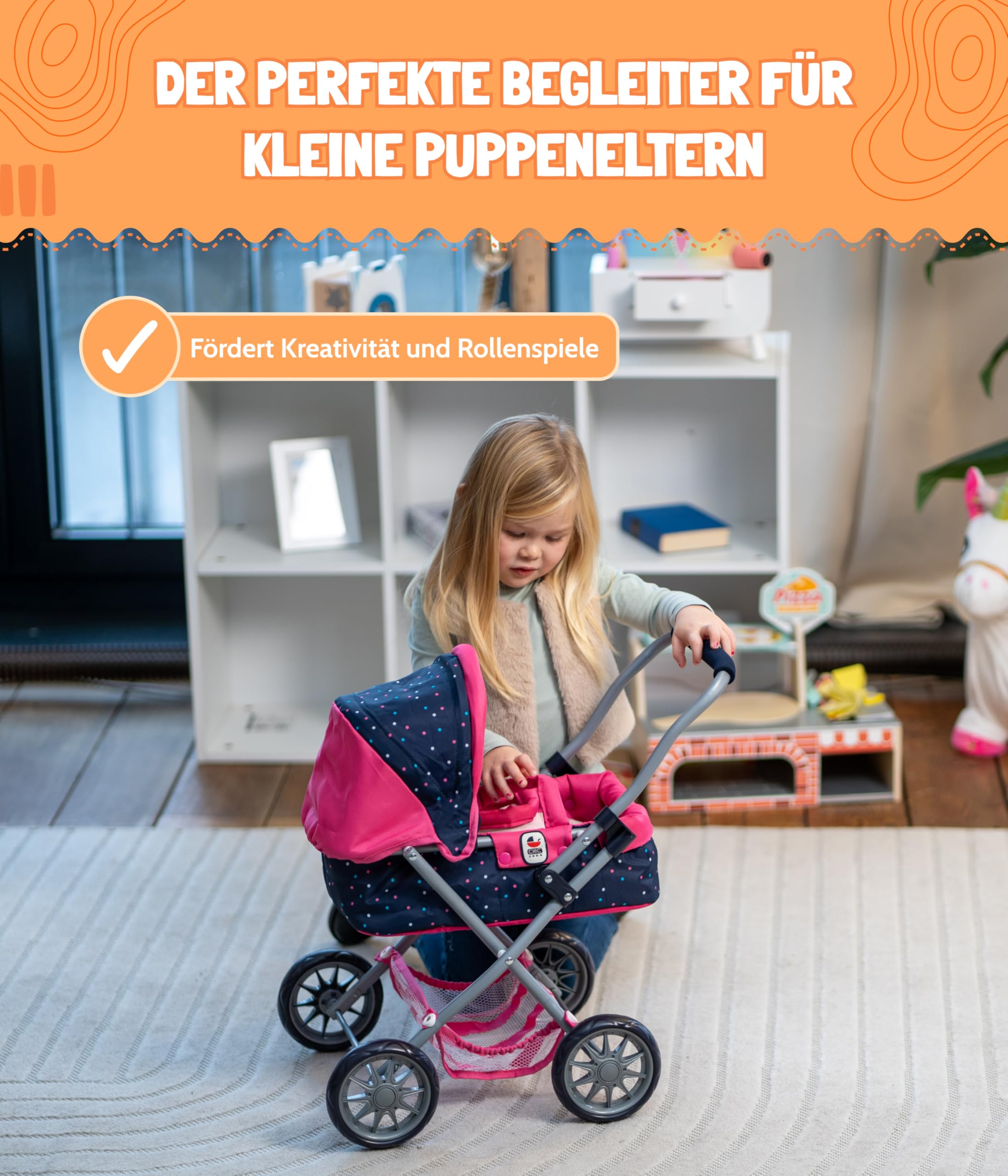 Bayer Chic 2000® Wózek dla lalek Smarty – dżinsy różowe – składany – z daszkiem, torbą, poduszką i kocem – wysokość uchwytu 56 cm – dla dzieci od 2 lat,