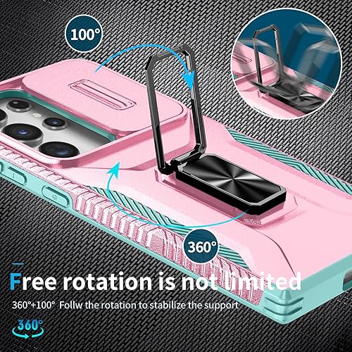 Miniatura 8 de PASNEW Funda para Samsung Galaxy S23 Ultra, cubierta de cámara deslizante y soporte de anillo giratorio magnético de 360, carcasa rígida militar