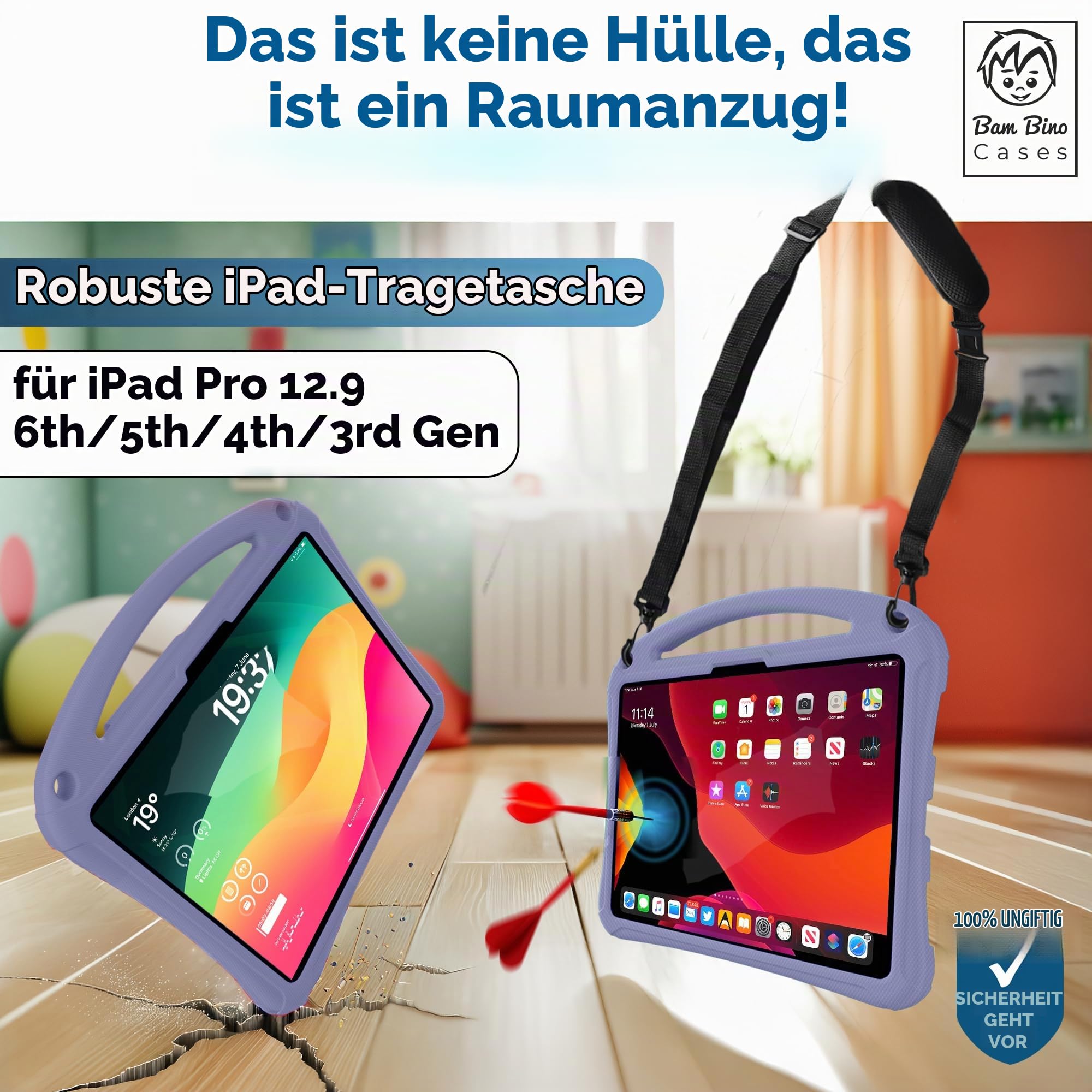 Bam Bino Space Suit Kinder-Schutzhülle für iPad Pro 32,8 cm (12,9 Zoll), 3., 4., 5., 6. Generation (2018–2022), nicht für iPad Pro 12,9 1. / 2. Generation, Displayschutz, Griff, Schultergurt